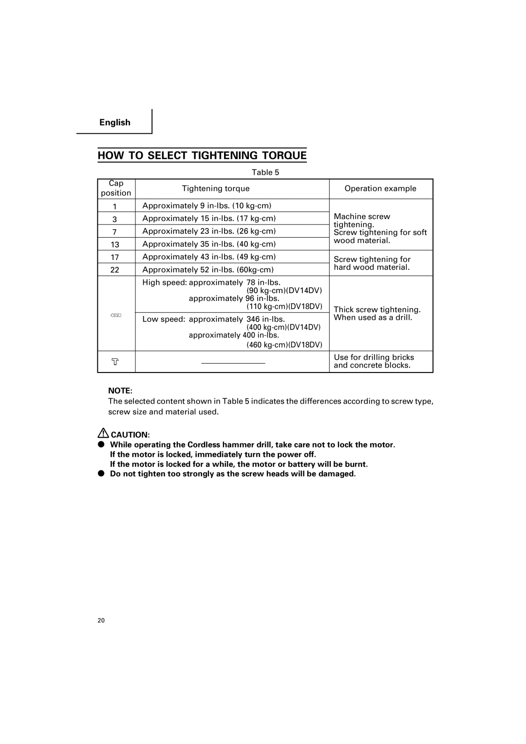 Hitachi DV 18DV, DV 14DV instruction manual HOW to Select Tightening Torque 