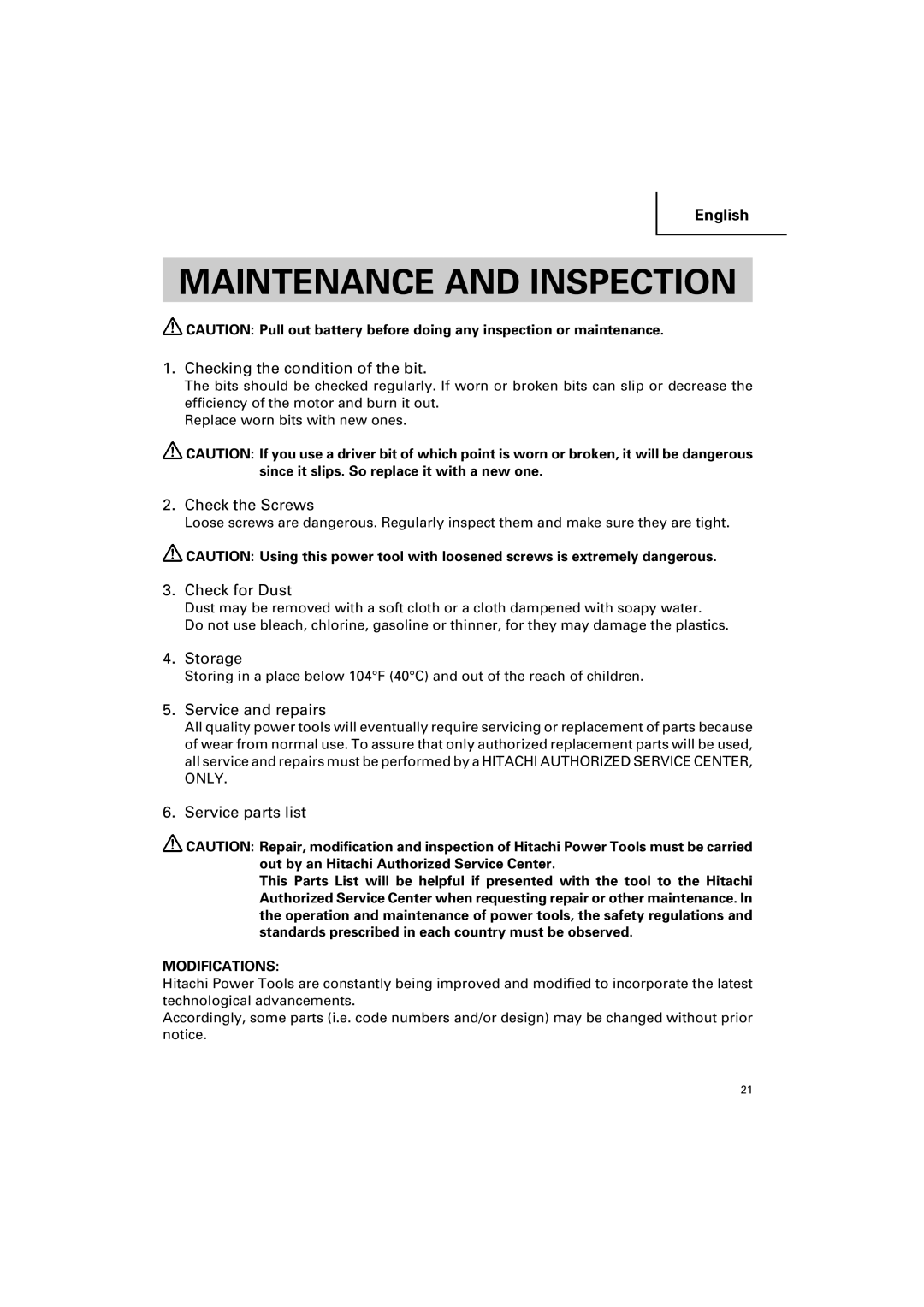 Hitachi DV 14DV, DV 18DV instruction manual Maintenance and Inspection 