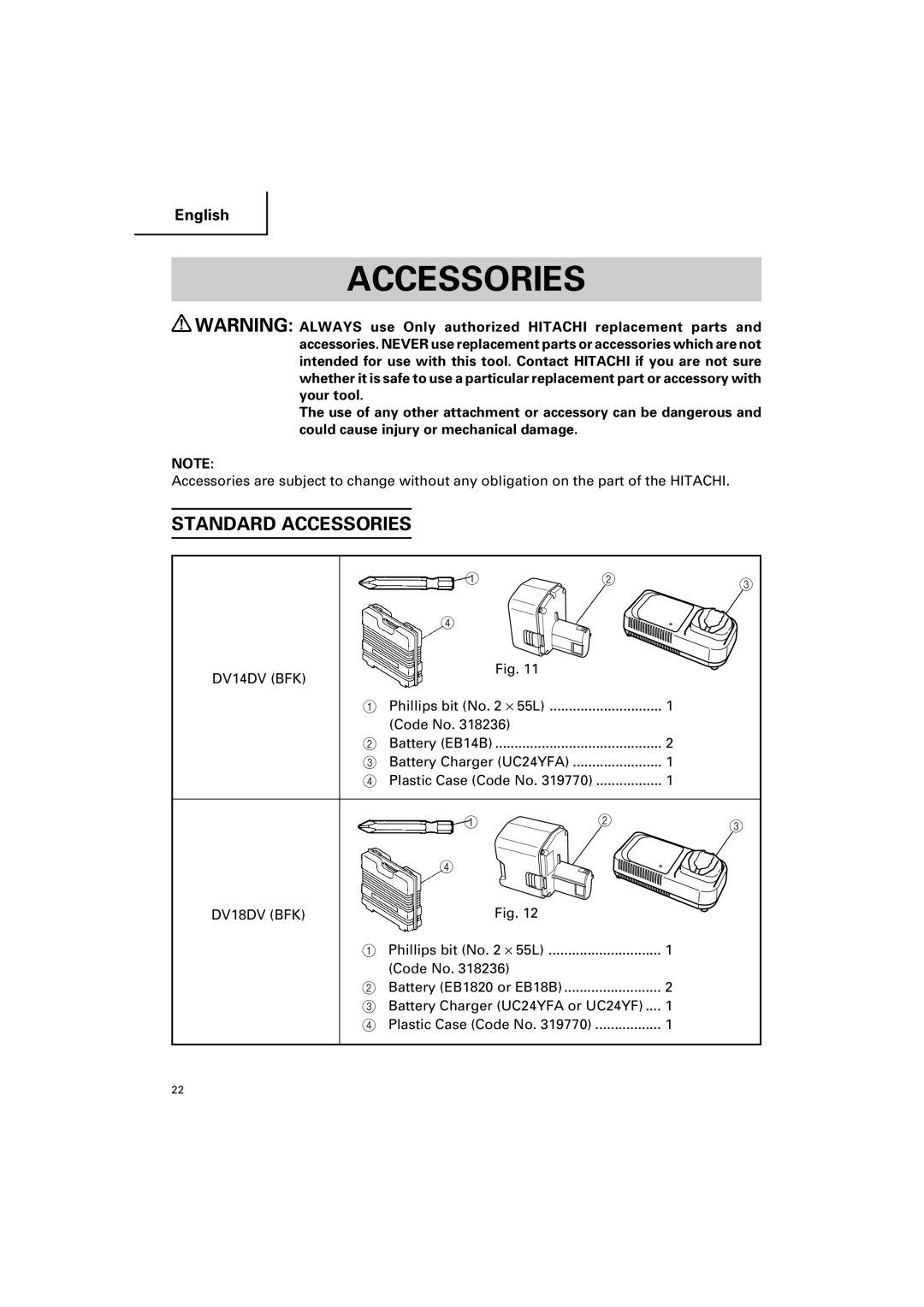 Hitachi DV 18DV, DV 14DV instruction manual Standard Accessories 