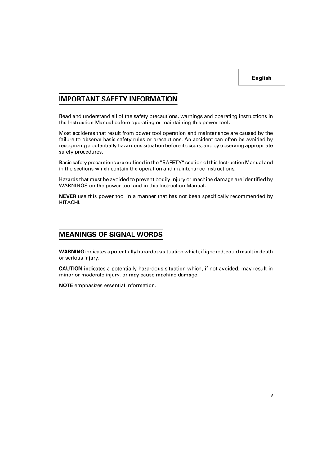 Hitachi DV 14DV, DV 18DV instruction manual Important Safety Information, Meanings of Signal Words 