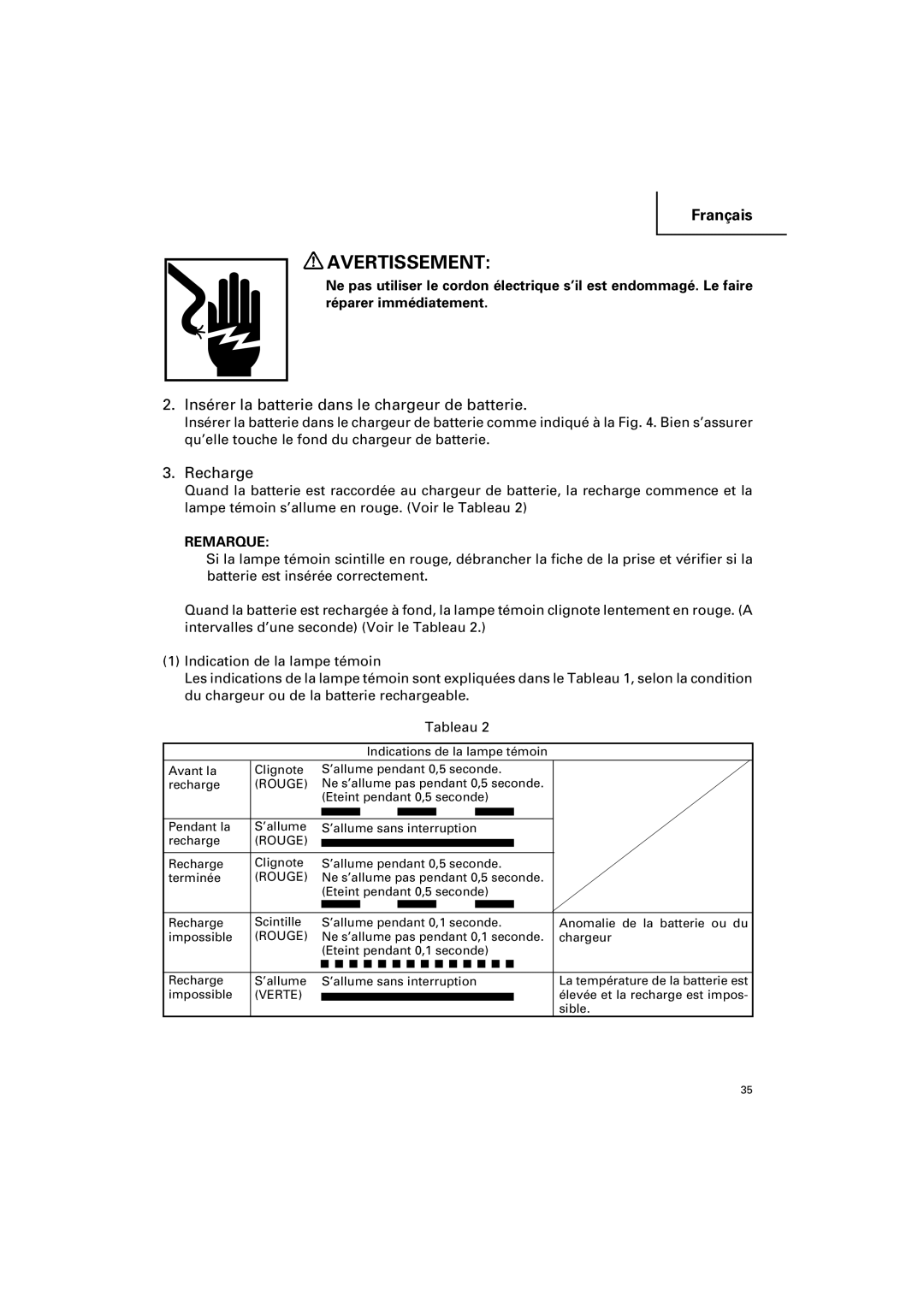 Hitachi DV 14DV, DV 18DV instruction manual Insérer la batterie dans le chargeur de batterie, Recharge 