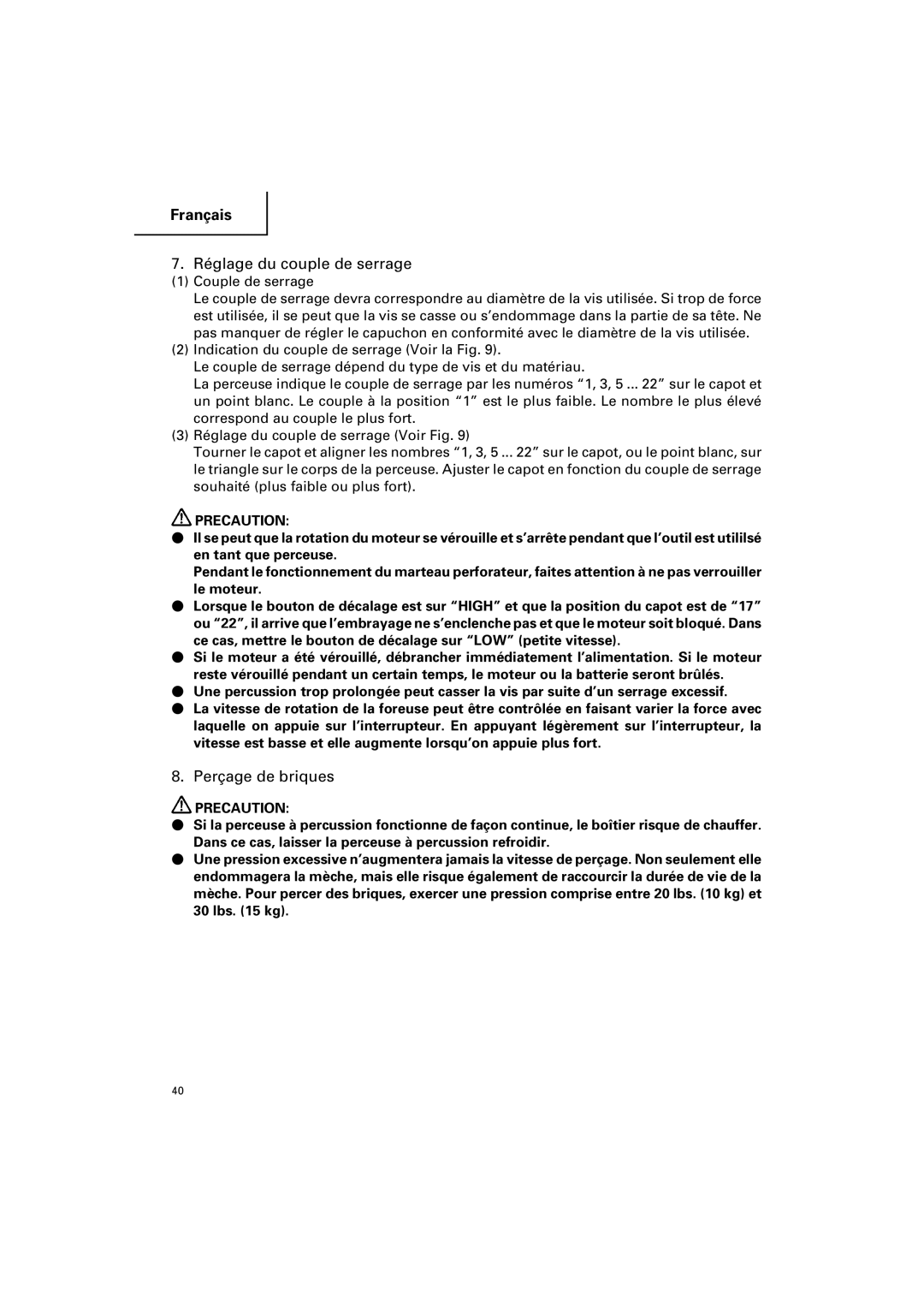 Hitachi DV 18DV, DV 14DV instruction manual Réglage du couple de serrage, Perçage de briques 