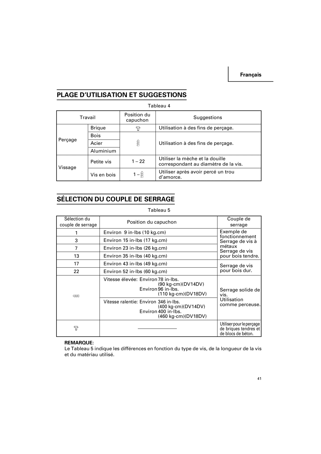 Hitachi DV 14DV, DV 18DV instruction manual Plage D’UTILISATION ET Suggestions, Sélection DU Couple DE Serrage 