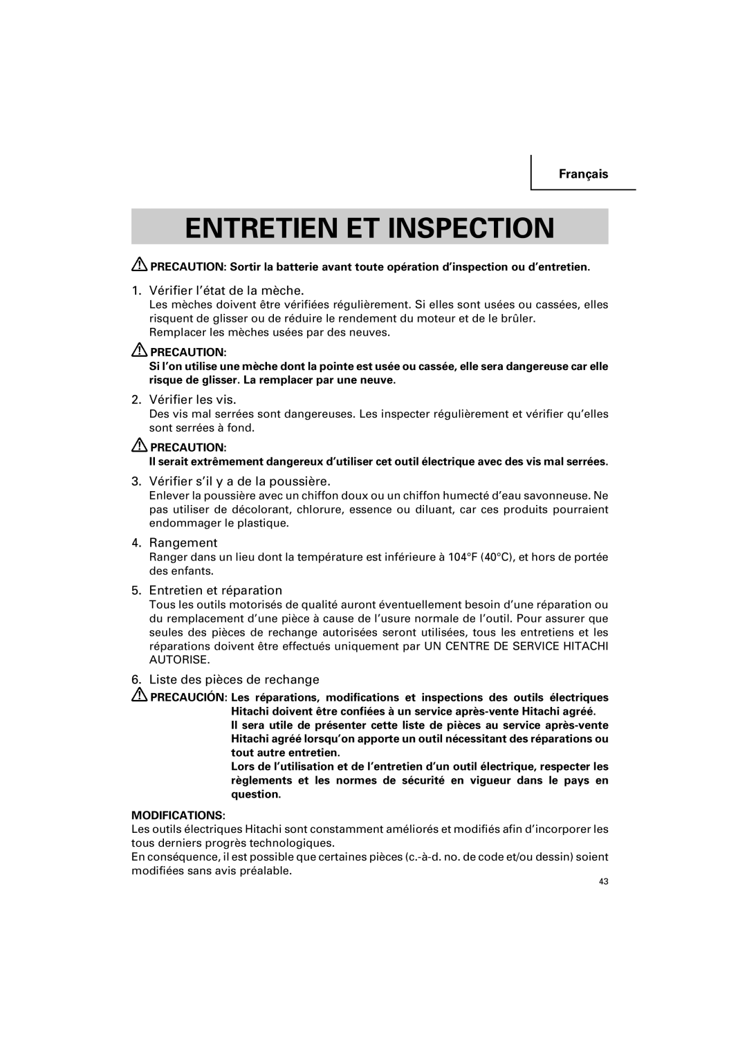 Hitachi DV 14DV, DV 18DV instruction manual Entretien ET Inspection 