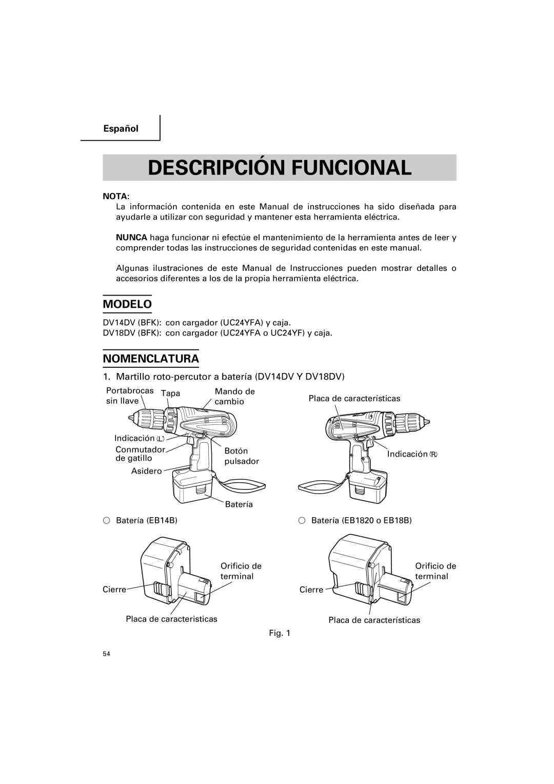 Hitachi DV 18DV, DV 14DV Descripción Funcional, Modelo, Nomenclatura, Martillo roto-percutor a batería DV14DV Y DV18DV 