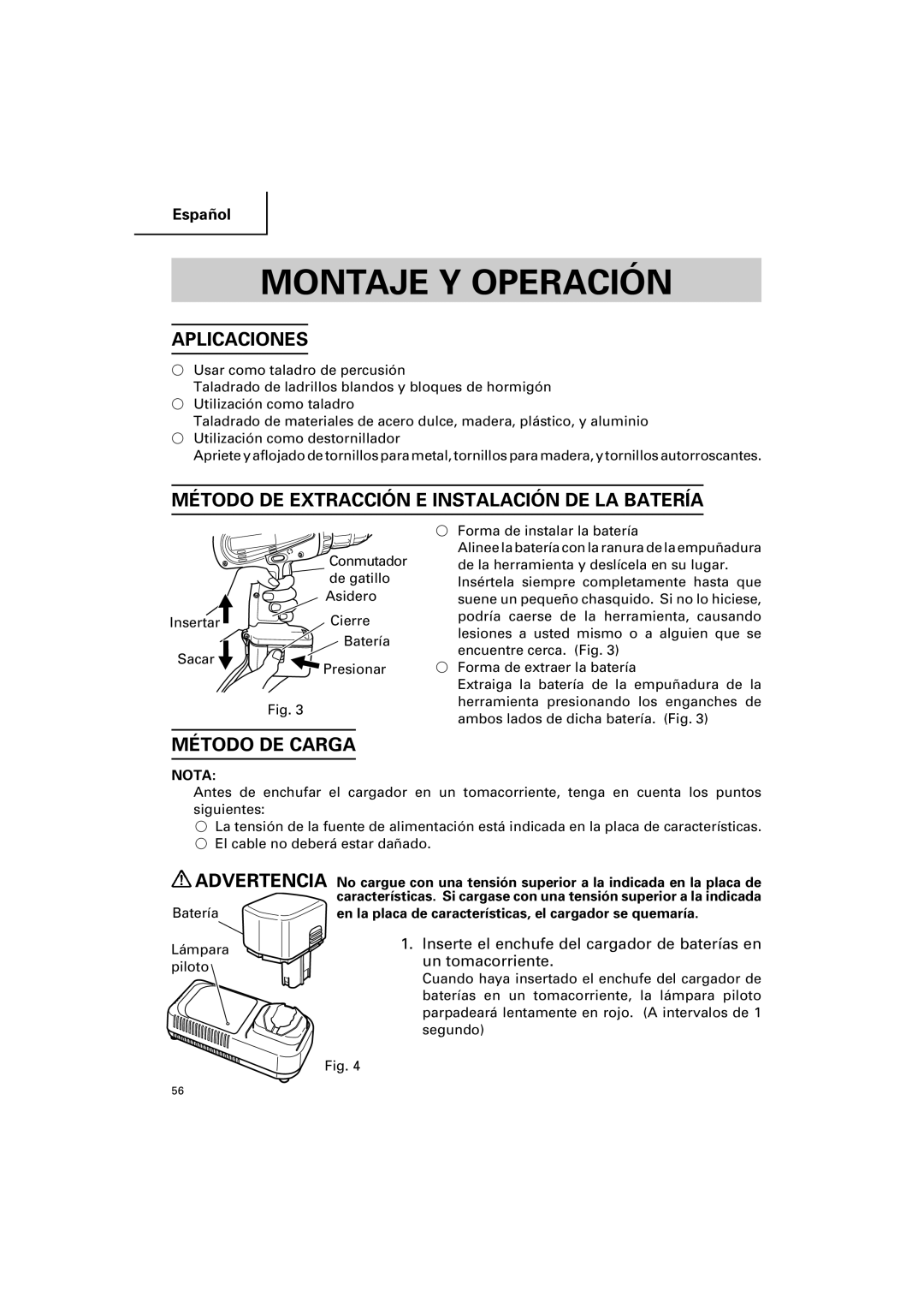 Hitachi DV 18DV Montaje Y Operación, Aplicaciones, Método DE Extracción E Instalación DE LA Batería, Método DE Carga 