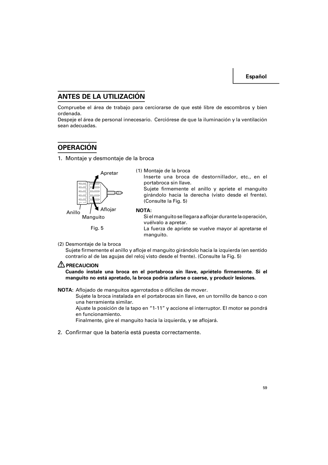 Hitachi DV 14DV, DV 18DV instruction manual Antes DE LA Utilización, Operación, Montaje y desmontaje de la broca 