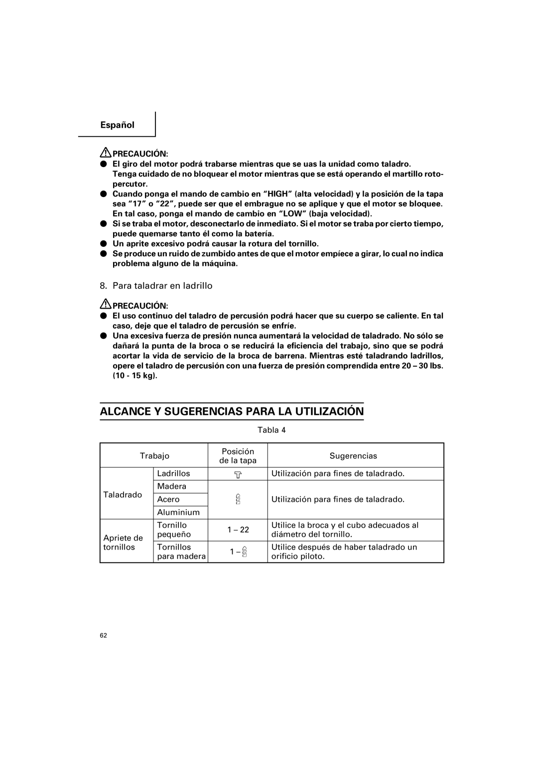 Hitachi DV 18DV, DV 14DV instruction manual Alcance Y Sugerencias Para LA Utilización, Para taladrar en ladrillo 