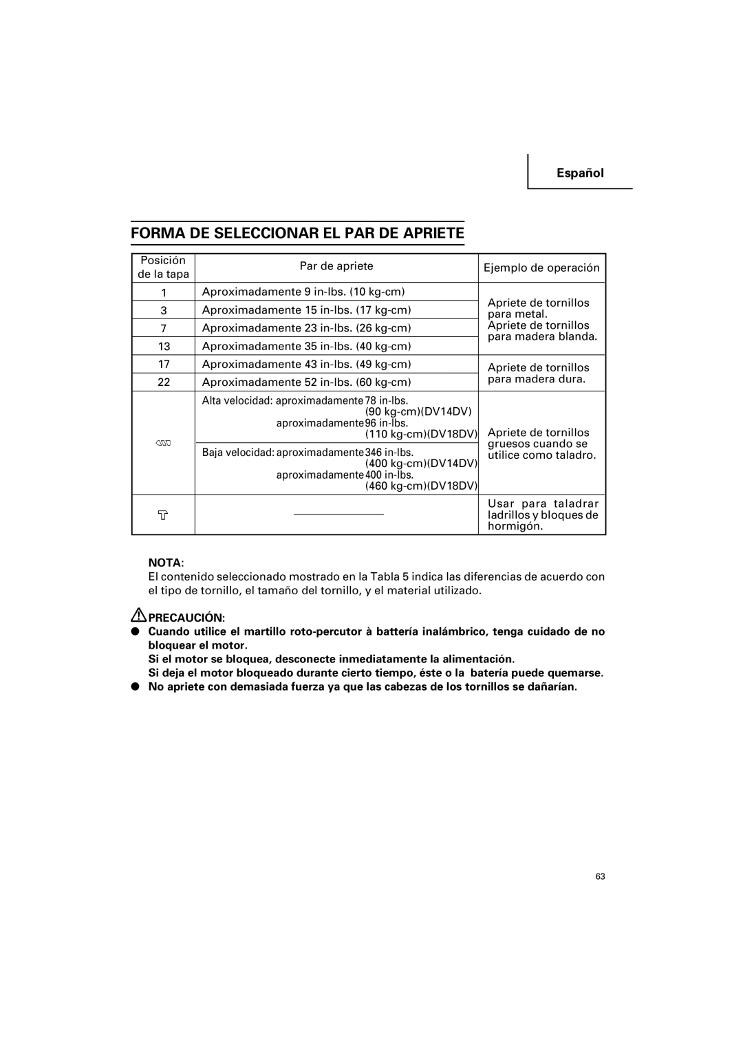 Hitachi DV 14DV, DV 18DV instruction manual Forma DE Seleccionar EL PAR DE Apriete 