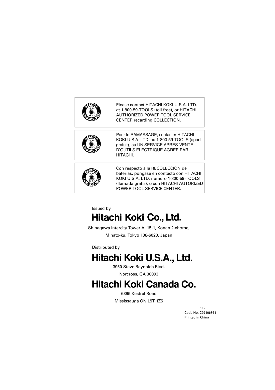 Hitachi DV 18DV, DV 14DV instruction manual Hitachi Koki Canada Co 