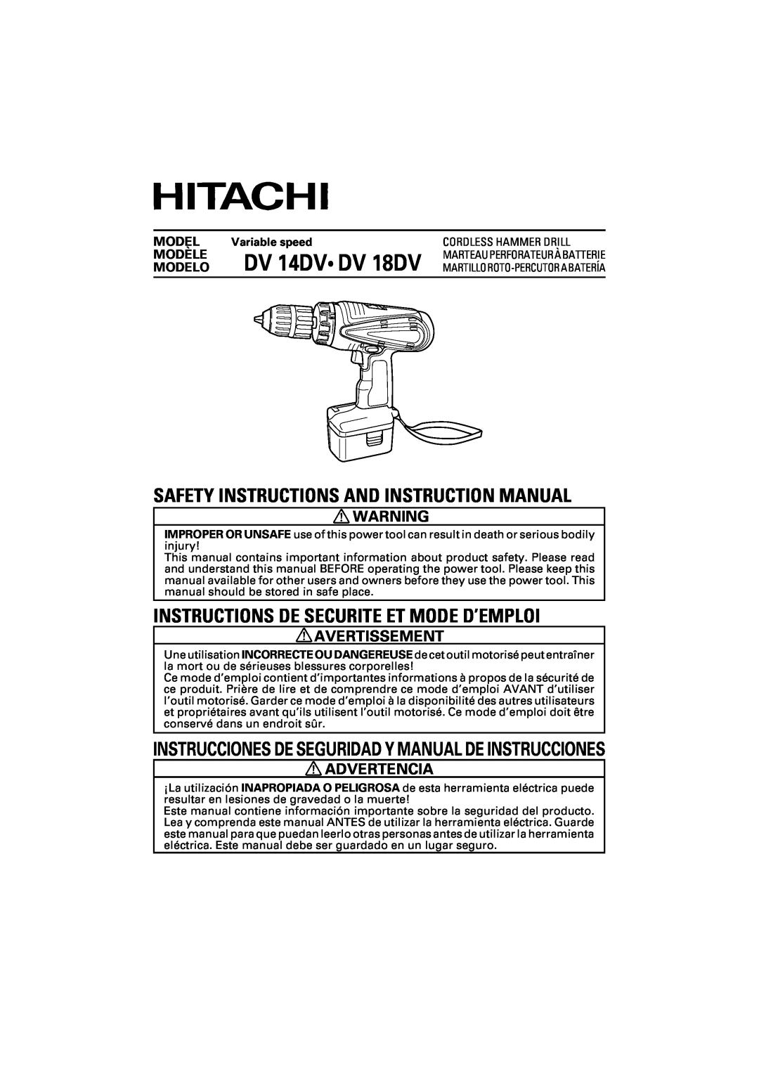 Hitachi DV 14DV instruction manual Avertissement, Advertencia, Instrucciones De Seguridad Y Manual De Instrucciones, Model 