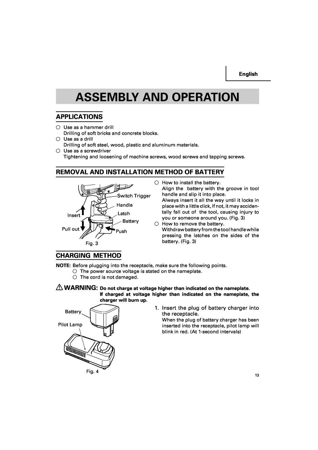 Hitachi DV 14DV Assembly And Operation, Applications, Removal And Installation Method Of Battery, Charging Method, English 