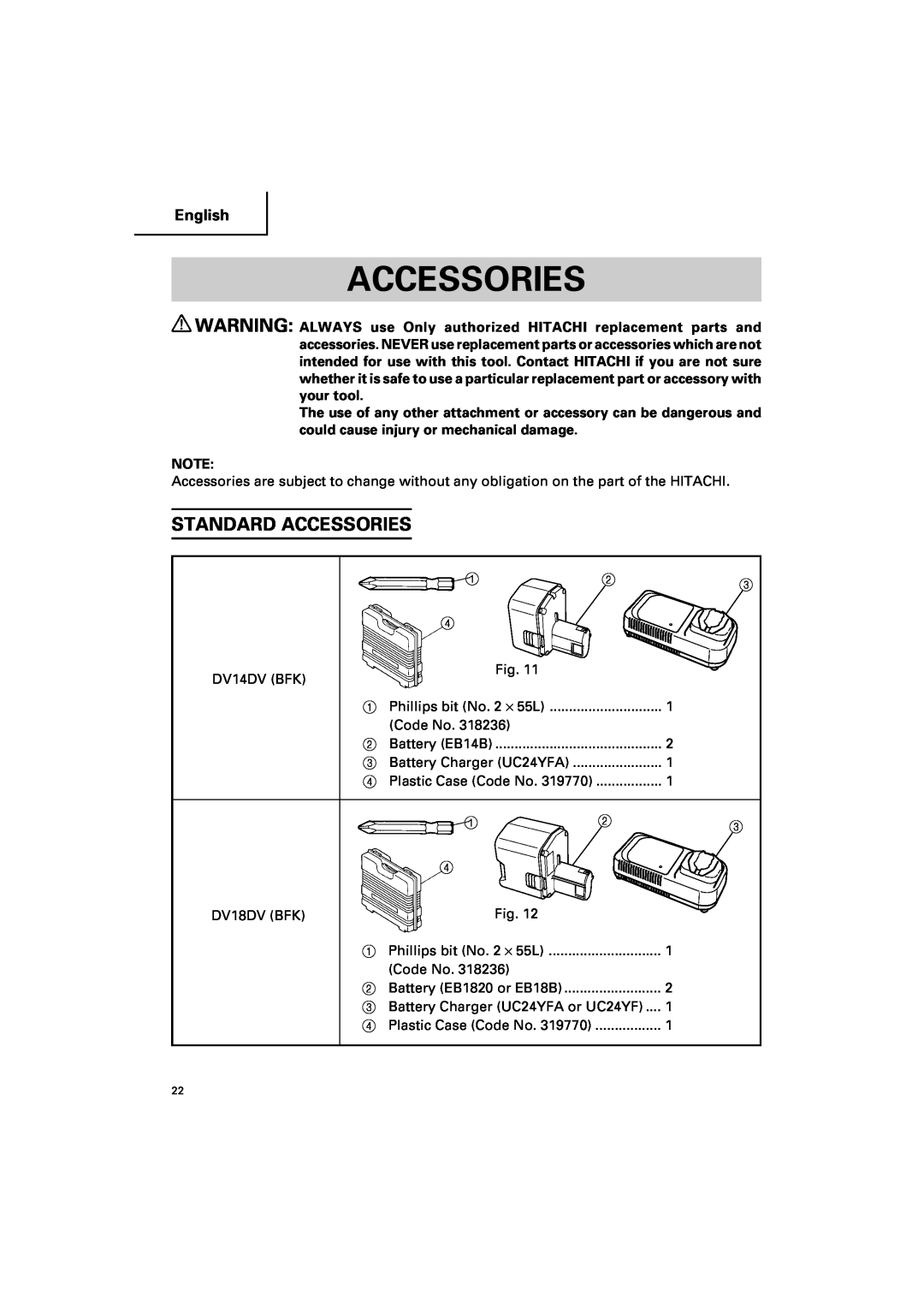 Hitachi DV 18DV, DV 14DV instruction manual Standard Accessories, English 