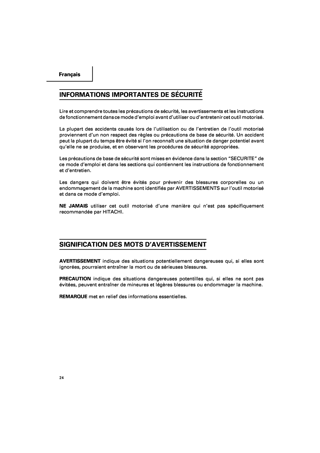 Hitachi DV 18DV, DV 14DV Informations Importantes De Sécurité, Signification Des Mots D’Avertissement, Français 