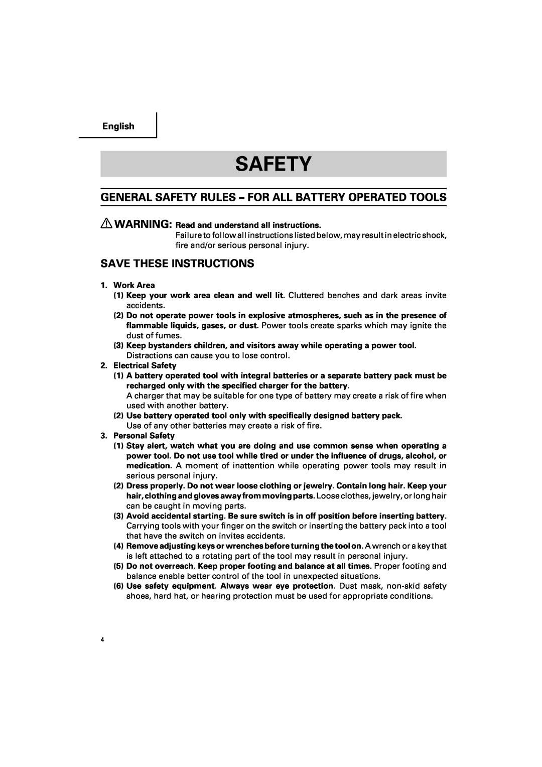 Hitachi DV 18DV, DV 14DV General Safety Rules - For All Battery Operated Tools, Save These Instructions, English 