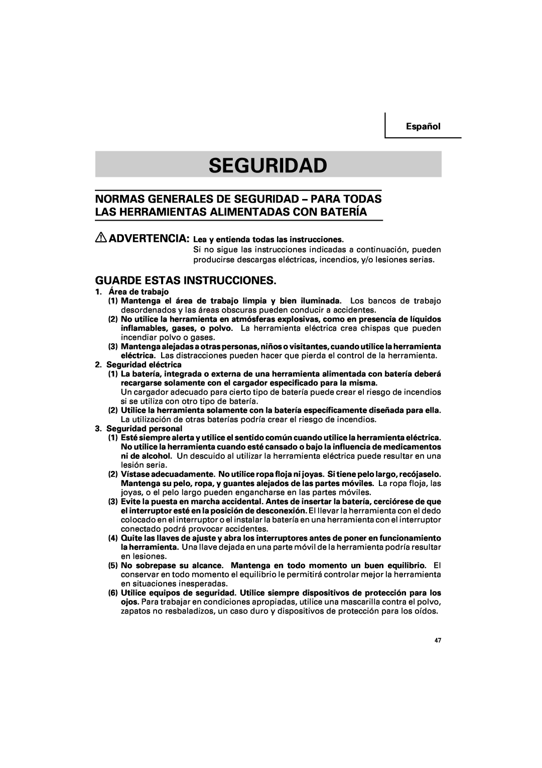 Hitachi DV 14DV, DV 18DV instruction manual Seguridad, Guarde Estas Instrucciones, Español 