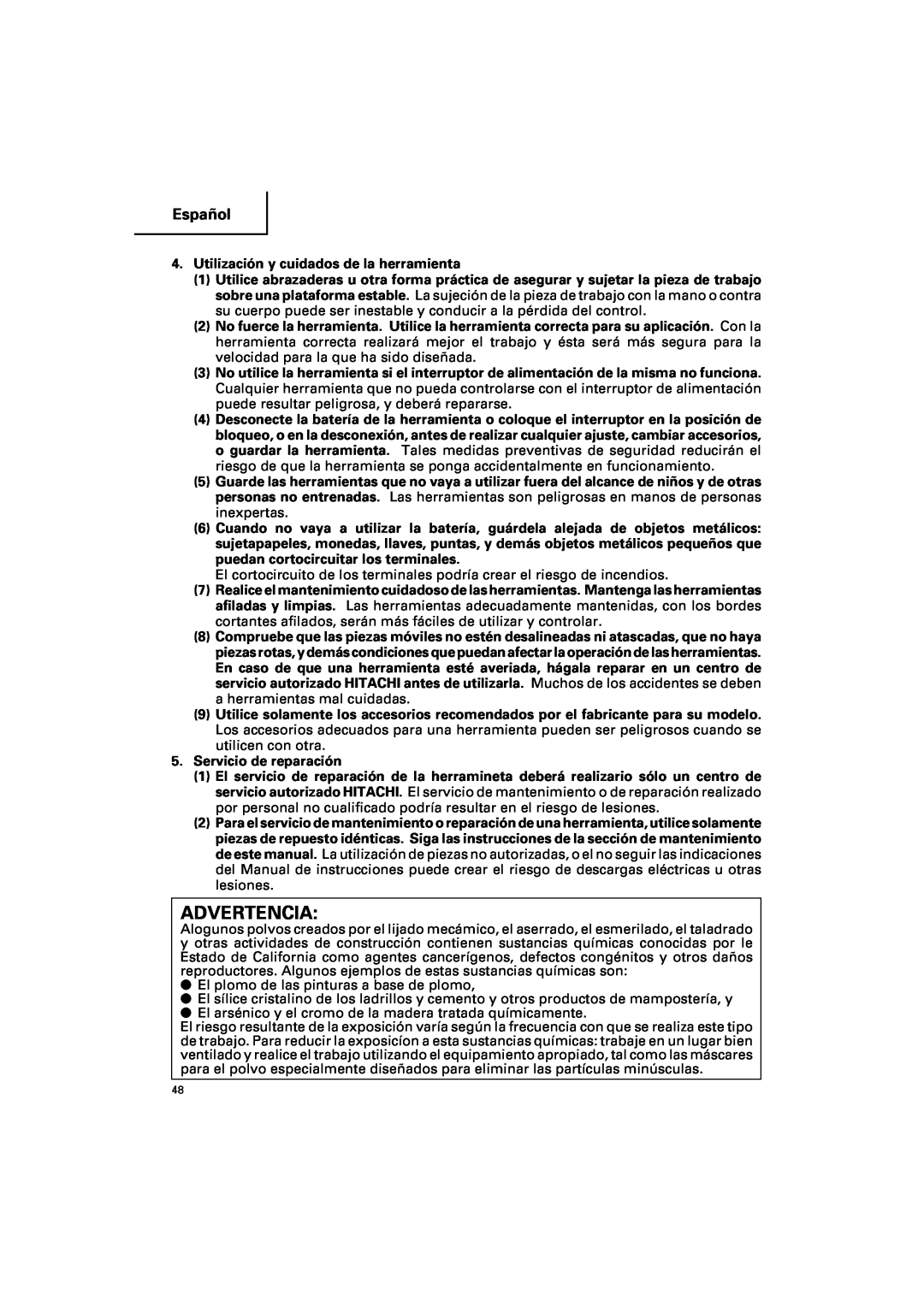 Hitachi DV 18DV, DV 14DV instruction manual Advertencia, Español, Utilización y cuidados de la herramienta 