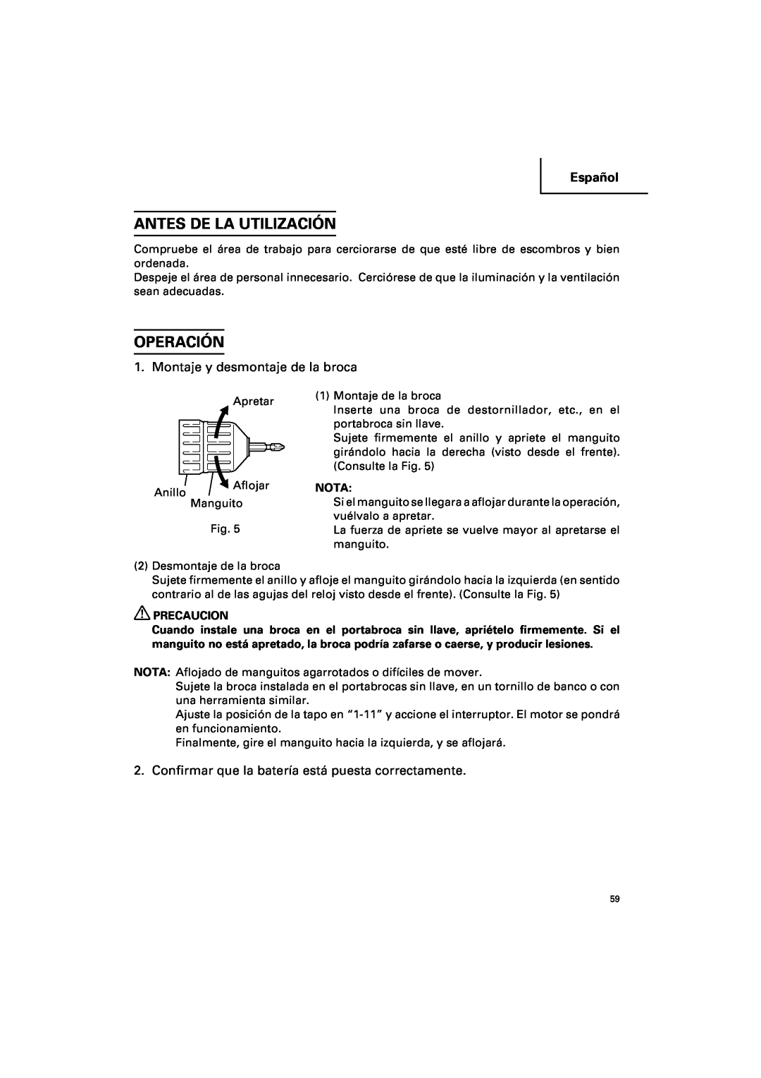 Hitachi DV 14DV, DV 18DV instruction manual Antes De La Utilización, Operación, Montaje y desmontaje de la broca, Español 