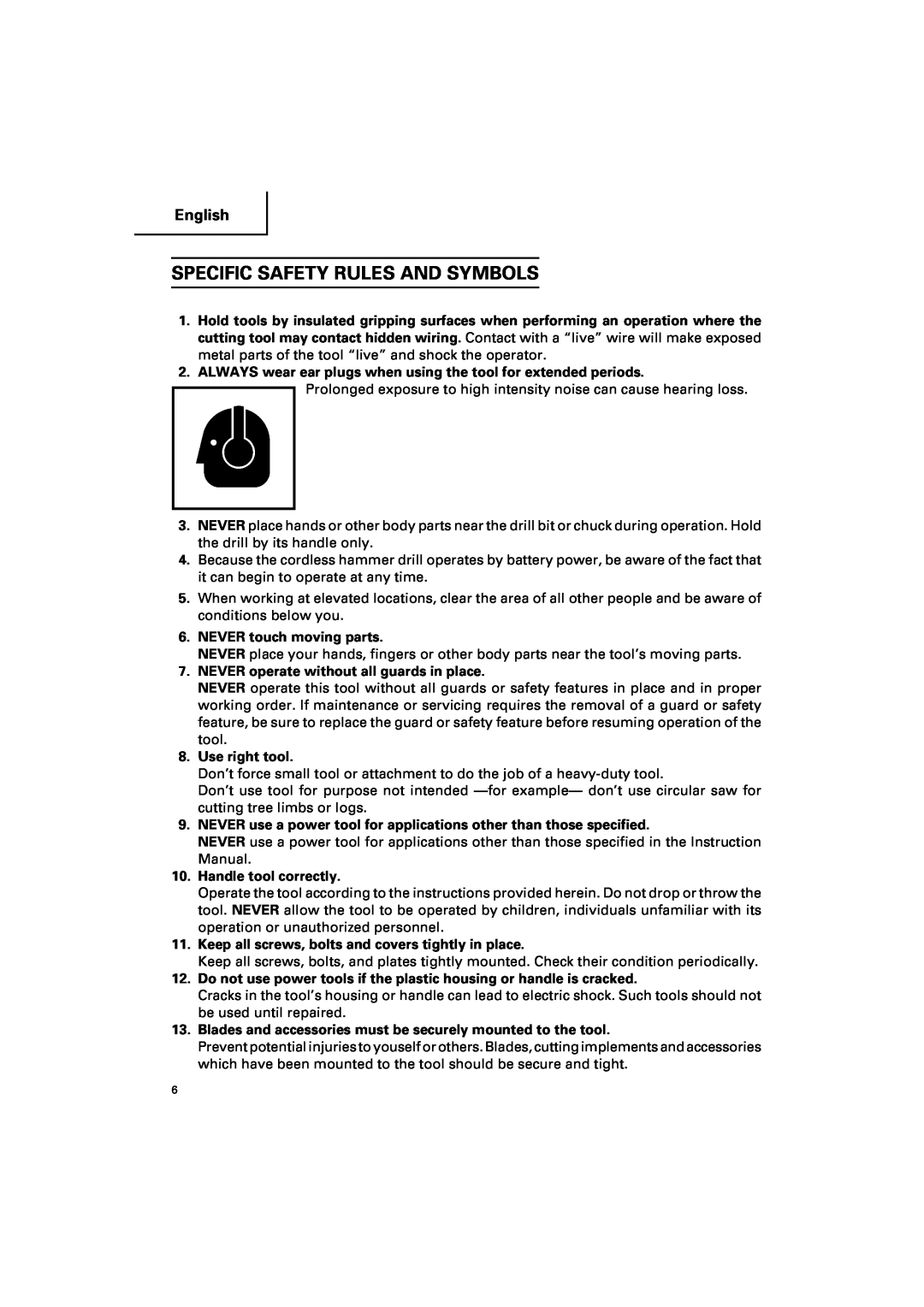 Hitachi DV 18DV, DV 14DV instruction manual Specific Safety Rules And Symbols, English 