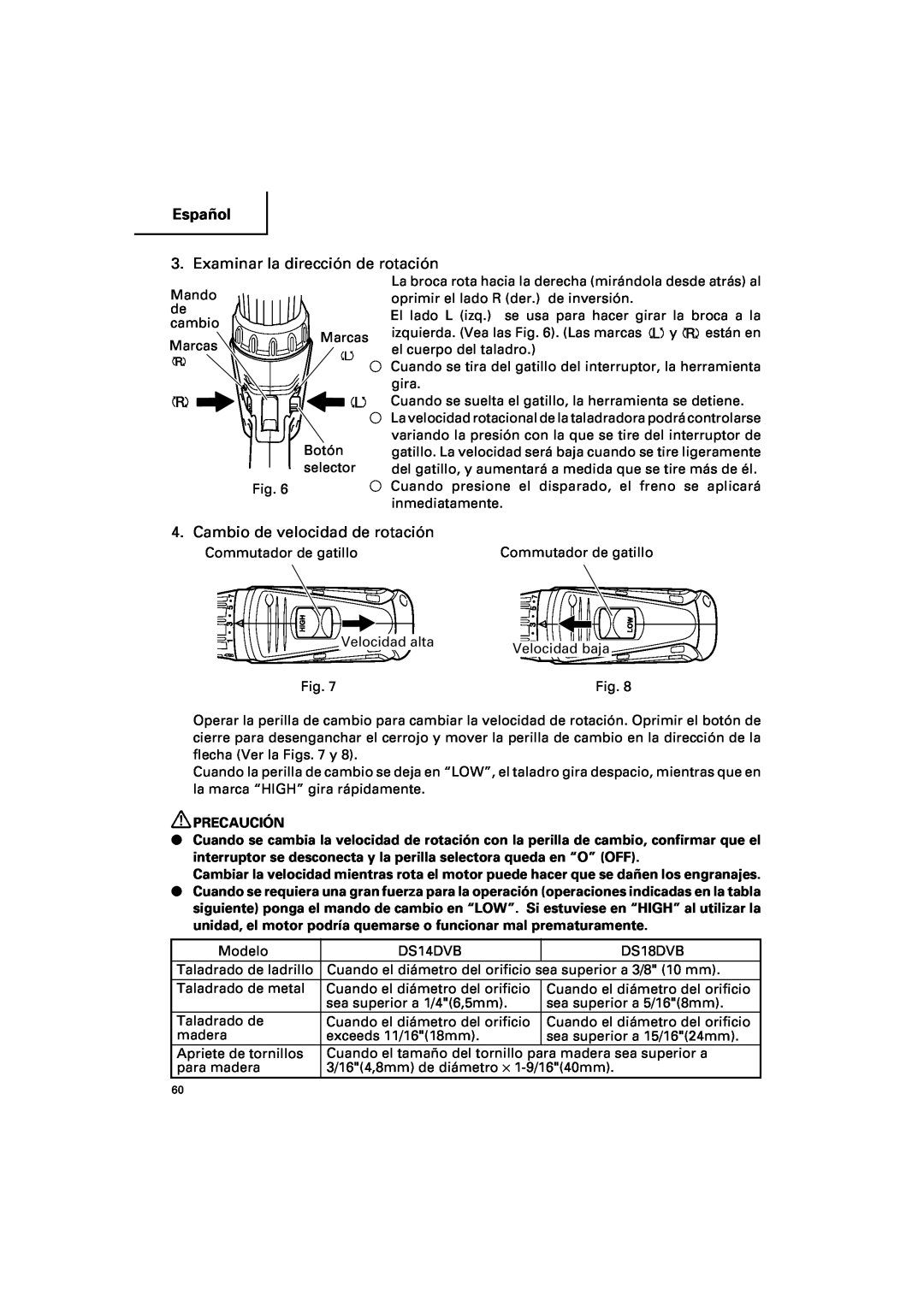 Hitachi DV 18DV, DV 14DV instruction manual Examinar la dirección de rotación, Cambio de velocidad de rotación, Español, R L 