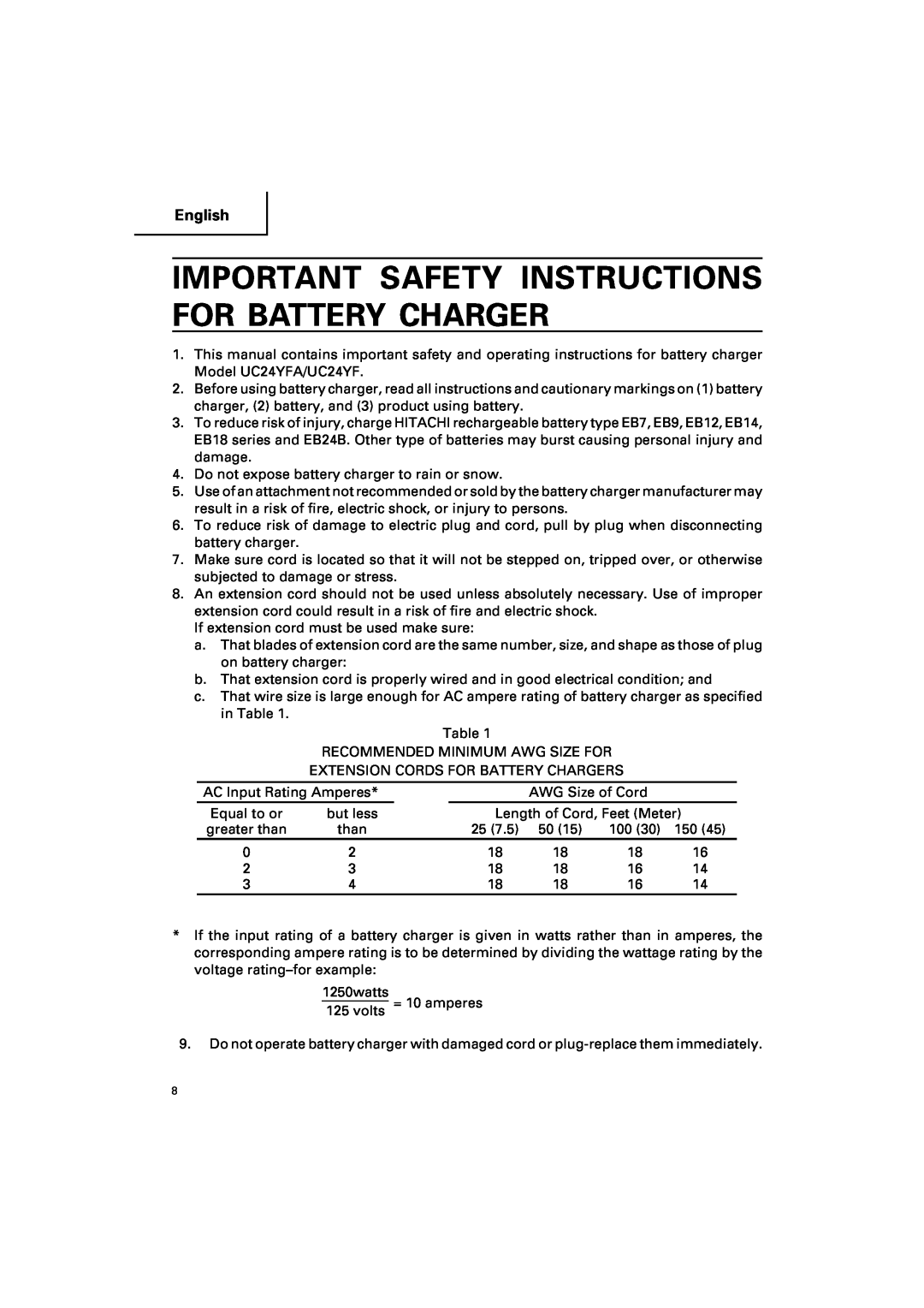 Hitachi DV 18DV, DV 14DV instruction manual Important Safety Instructions For Battery Charger, English 