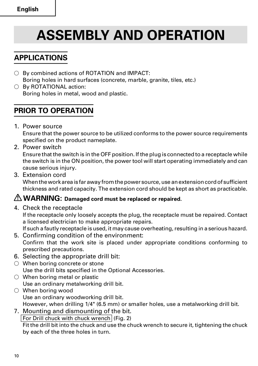 Hitachi DV 20VB instruction manual Assembly and Operation, Applications, Prior to Operation 