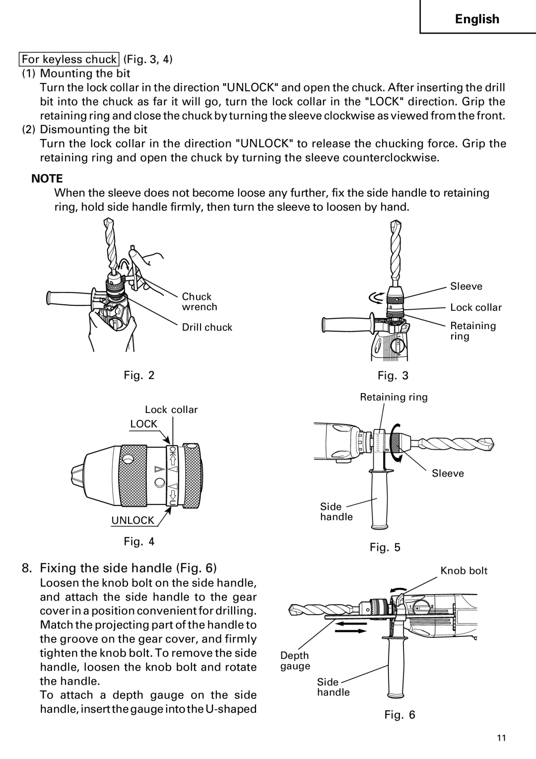 Hitachi DV 20VB instruction manual Fixing the side handle Fig, For keyless chuck Mounting the bit 