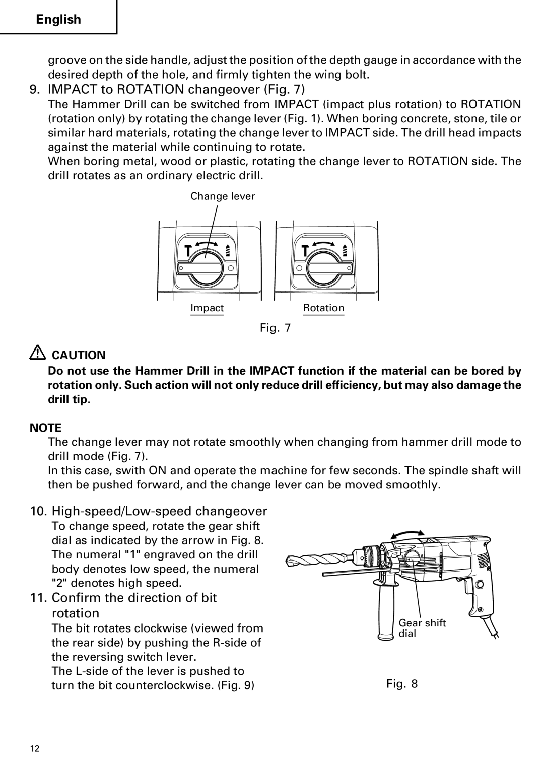 Hitachi DV 20VB Impact to Rotation changeover Fig, High-speed/Low-speed changeover, Confirm the direction of bit rotation 