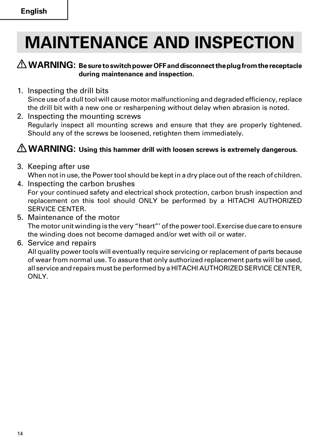 Hitachi DV 20VB instruction manual Maintenance and Inspection 