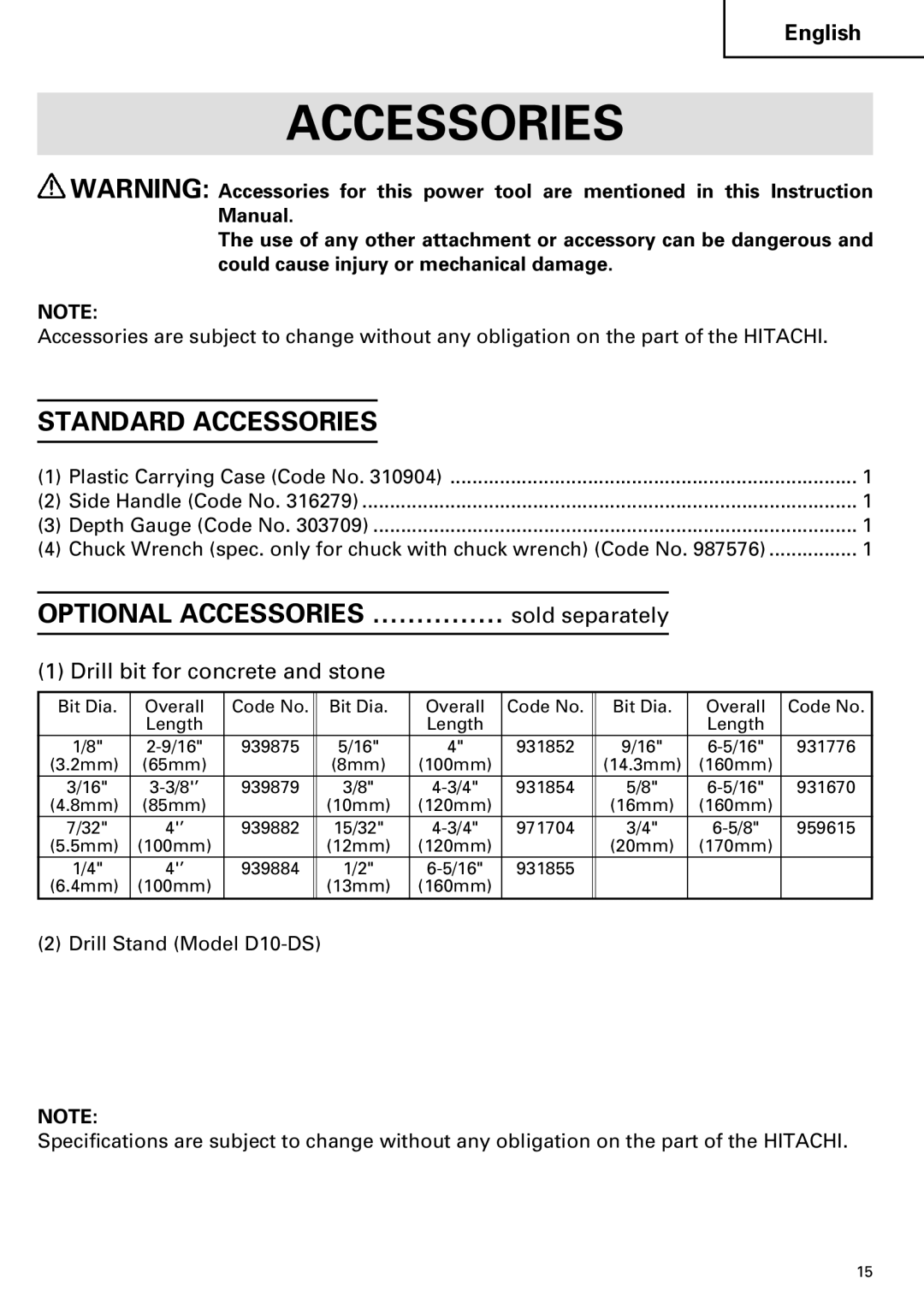 Hitachi DV 20VB instruction manual Standard Accessories, Drill bit for concrete and stone 