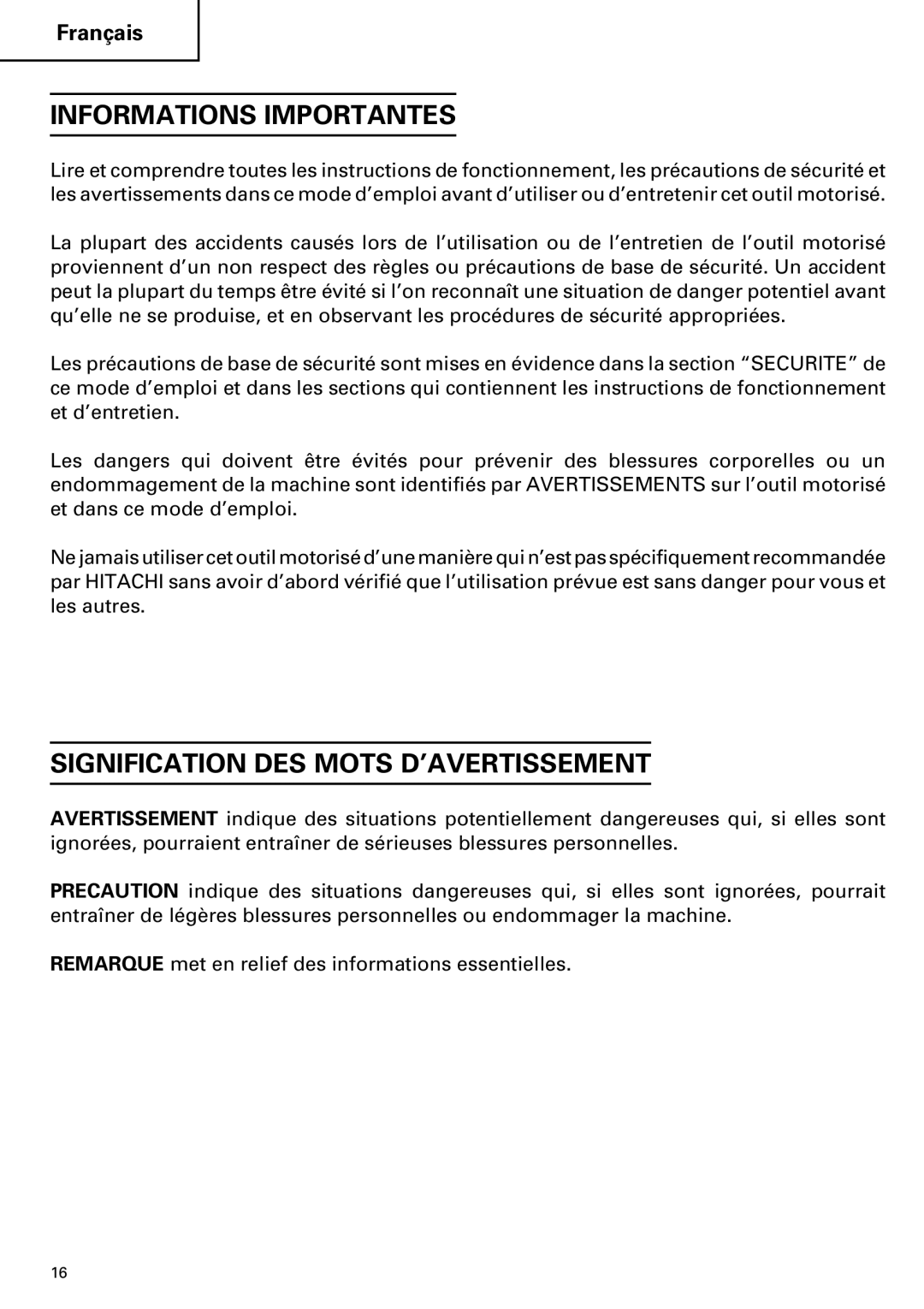 Hitachi DV 20VB instruction manual Informations Importantes, Signification DES Mots D’AVERTISSEMENT 