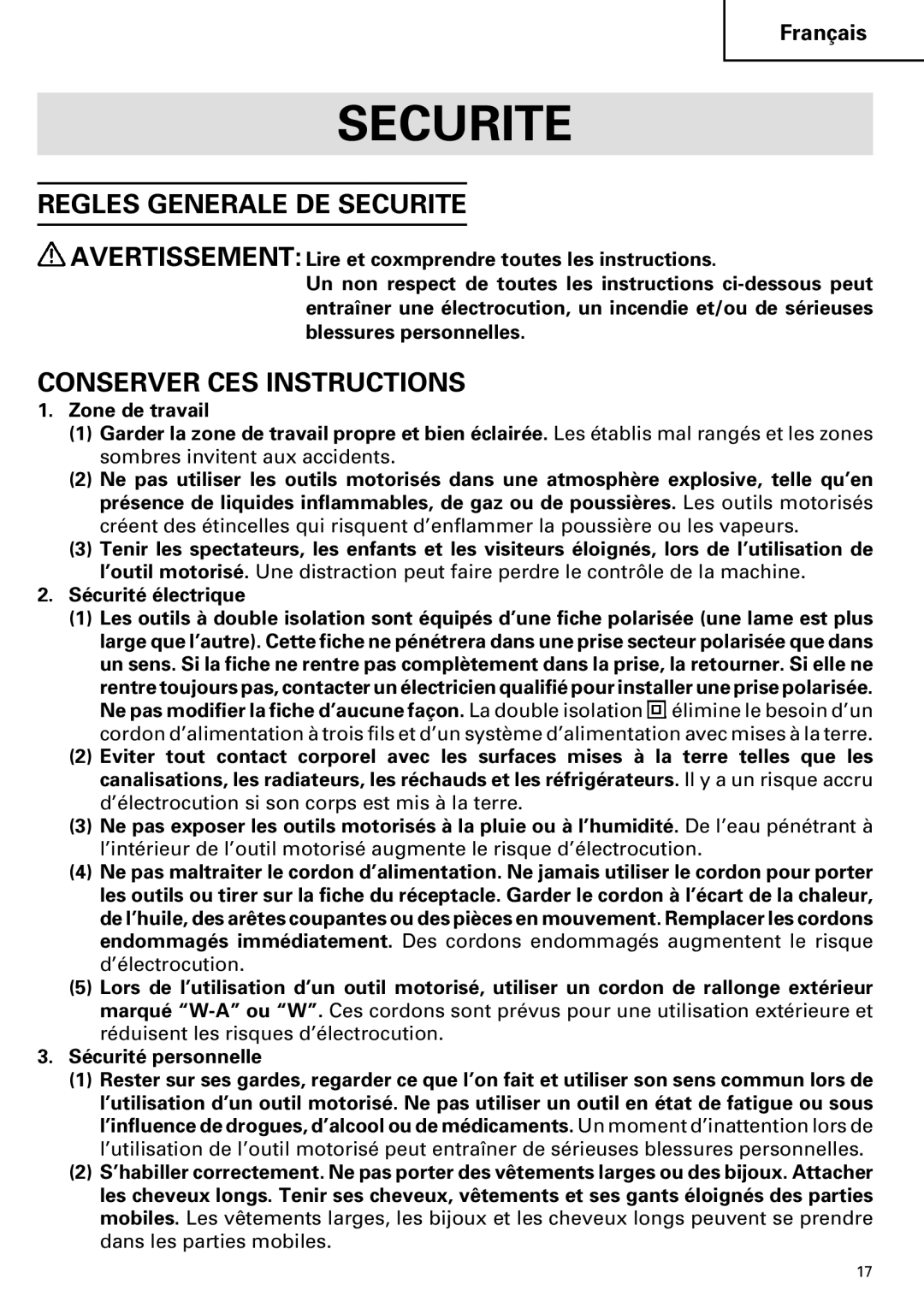 Hitachi DV 20VB instruction manual Regles Generale DE Securite, Conserver CES Instructions 