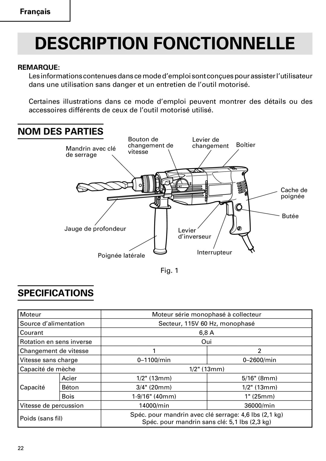 Hitachi DV 20VB instruction manual Description Fonctionnelle, NOM DES Parties, Specifications, Remarque 