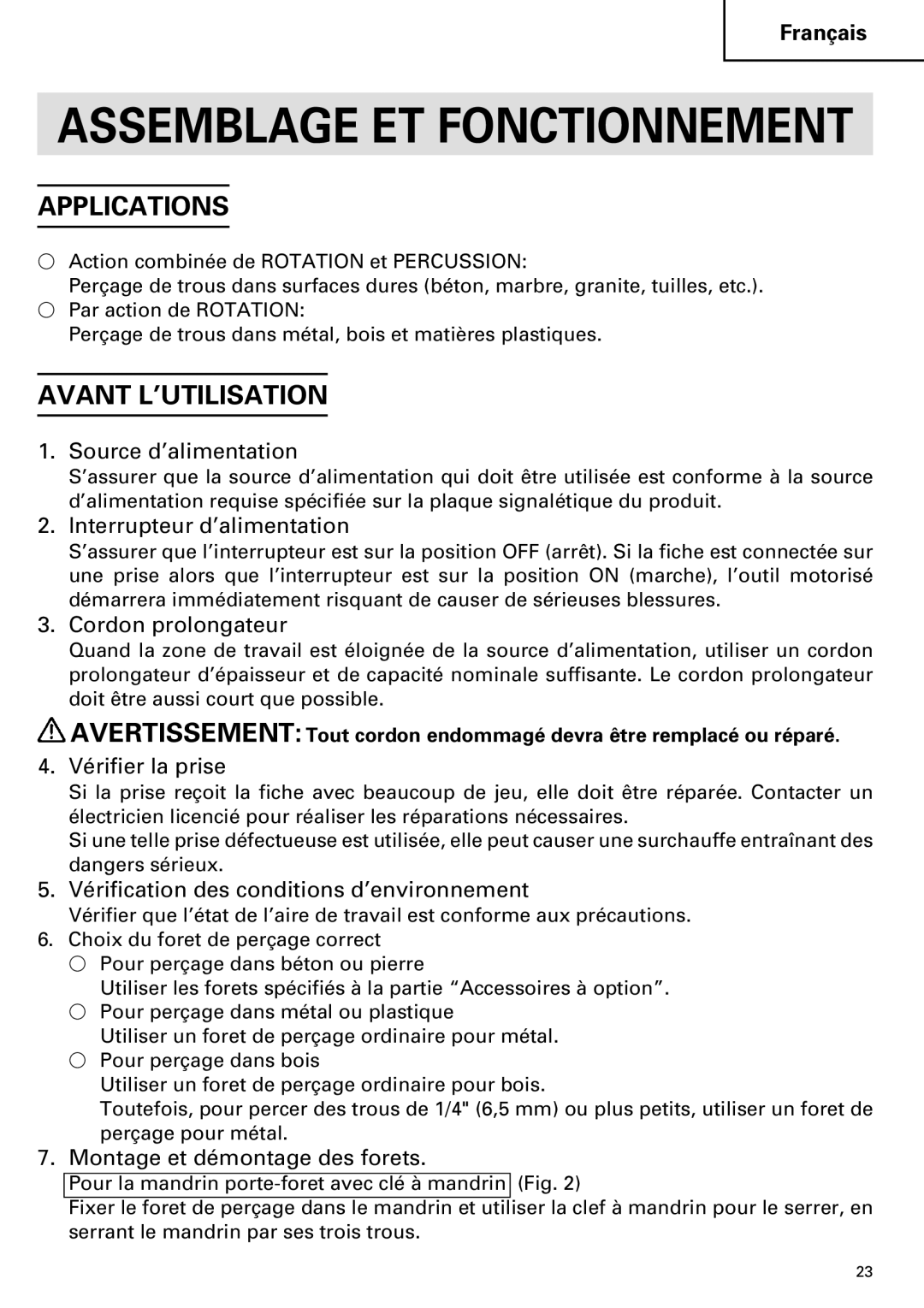 Hitachi DV 20VB instruction manual Avant L’UTILISATION 