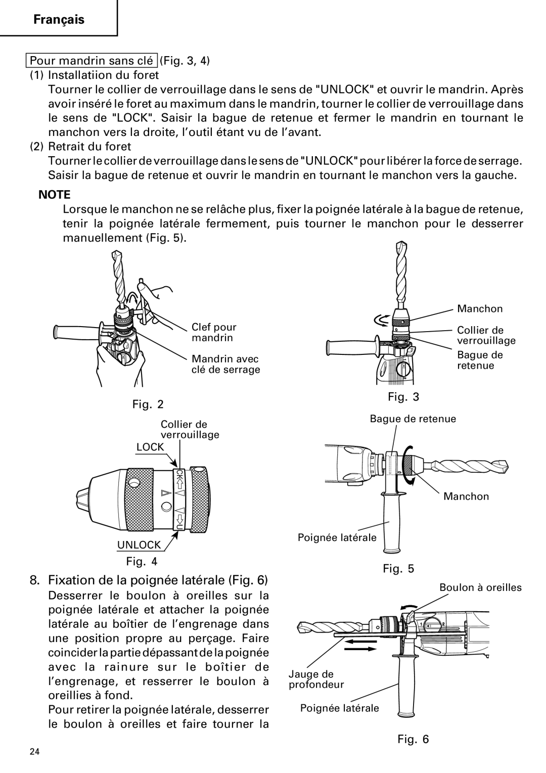 Hitachi DV 20VB instruction manual Fixation de la poignée latérale Fig 