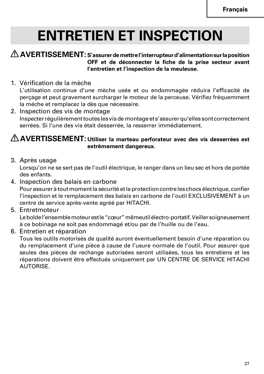 Hitachi DV 20VB instruction manual Entretien ET Inspection 