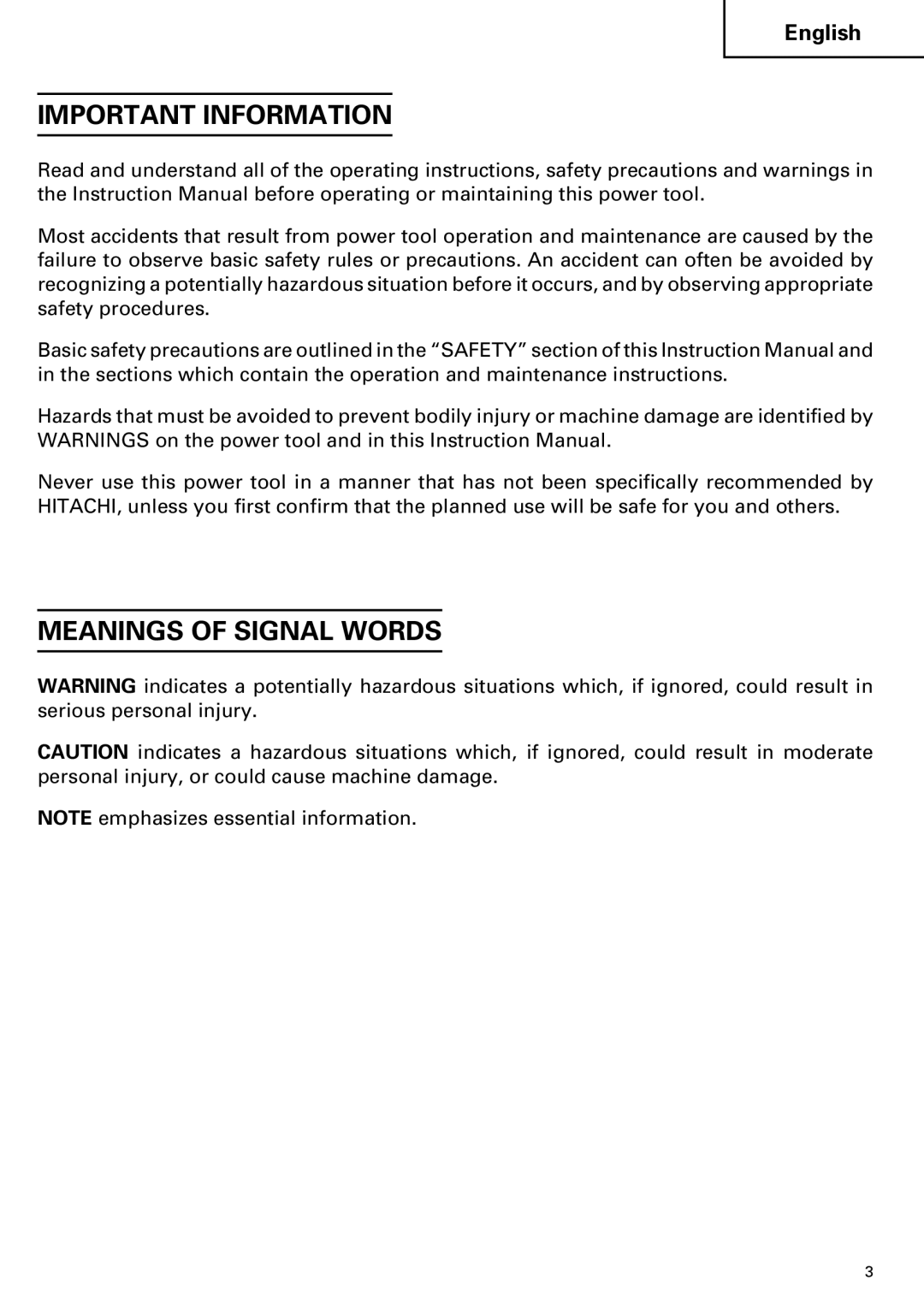 Hitachi DV 20VB instruction manual Important Information, Meanings of Signal Words 