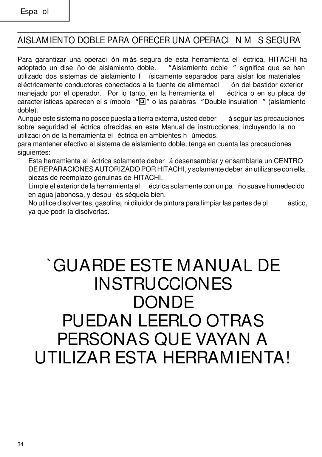 Hitachi DV 20VB instruction manual Aislamiento Doble Para Ofrecer UNA Operación MÁS Segura 