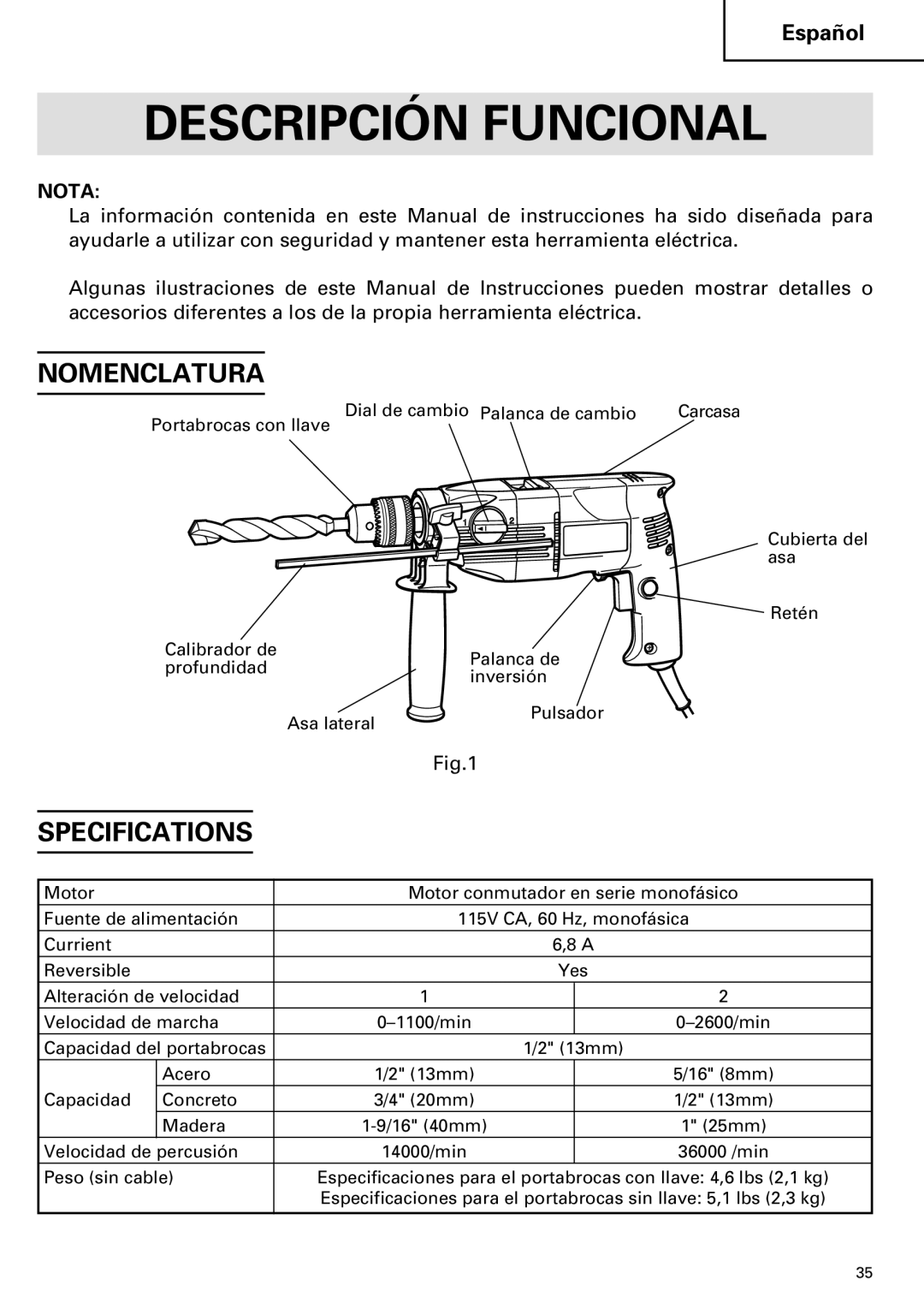 Hitachi DV 20VB instruction manual Descripción Funcional, Nomenclatura, Nota 