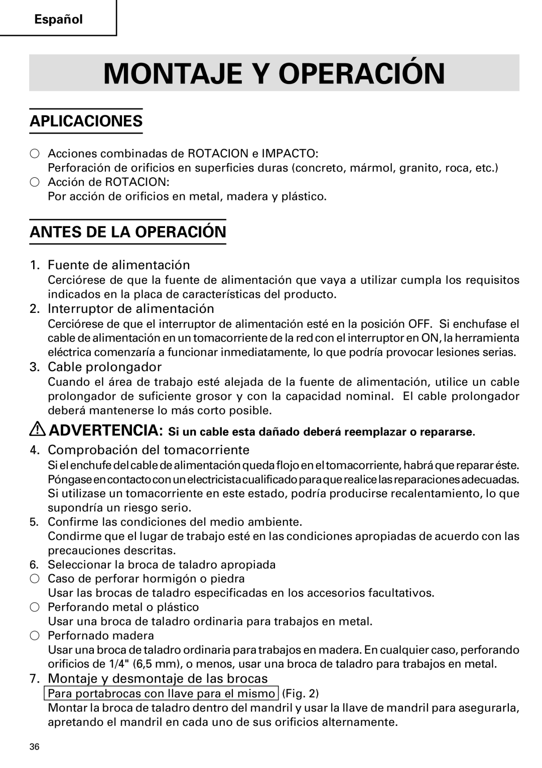 Hitachi DV 20VB instruction manual Montaje Y Operación, Aplicaciones, Antes DE LA Operación 