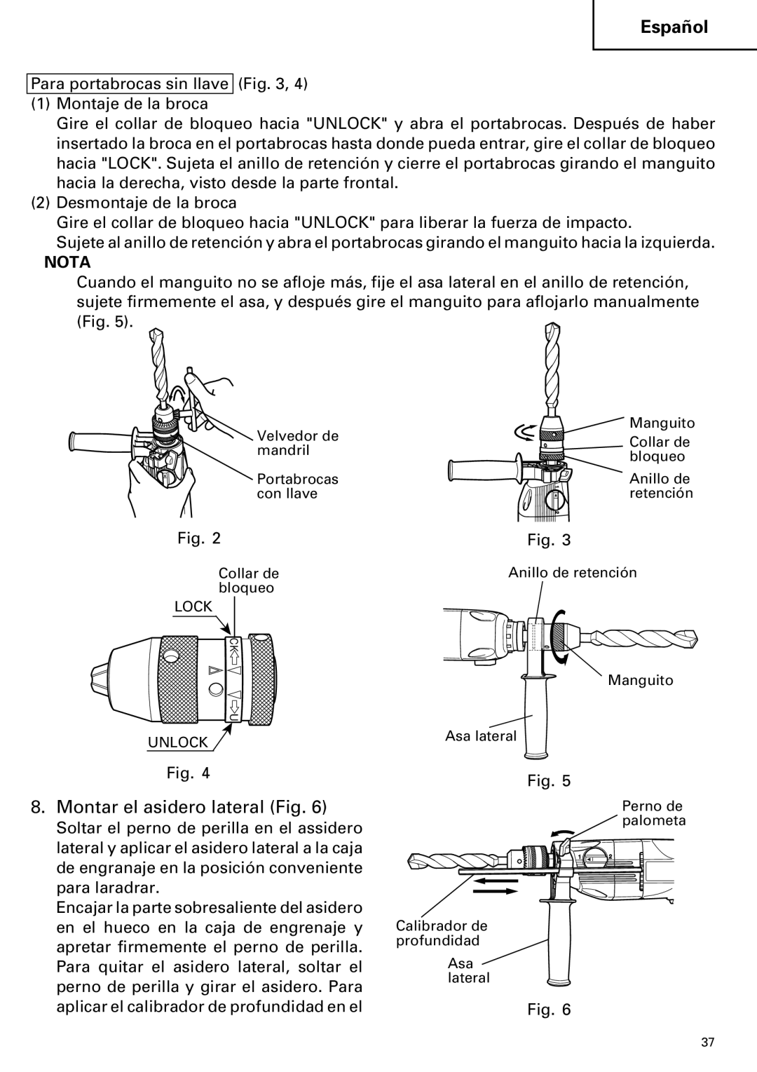 Hitachi DV 20VB instruction manual Montar el asidero lateral Fig 