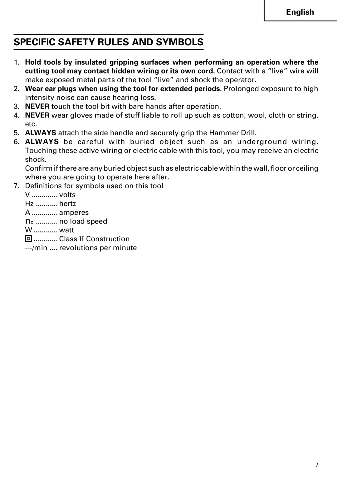 Hitachi DV 20VB instruction manual Specific Safety Rules and Symbols 