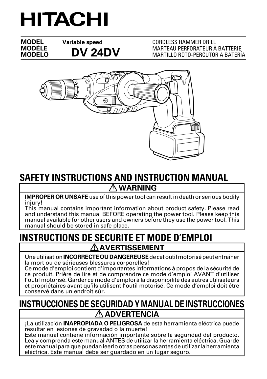 Hitachi DV 24DV instruction manual Avertissement, Variable speed 