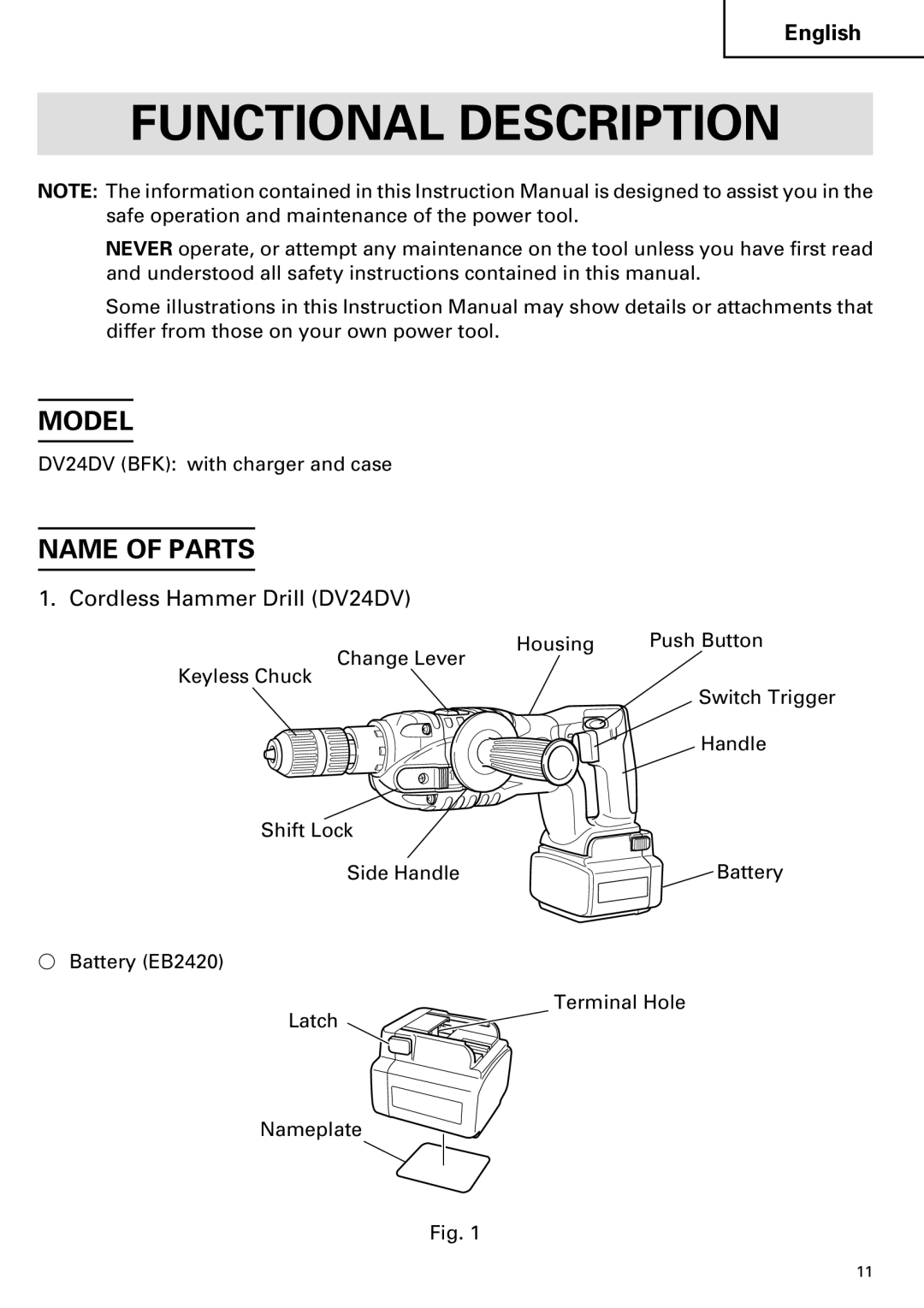 Hitachi DV 24DV instruction manual Functional Description, Model, Name of Parts, Cordless Hammer Drill DV24DV 