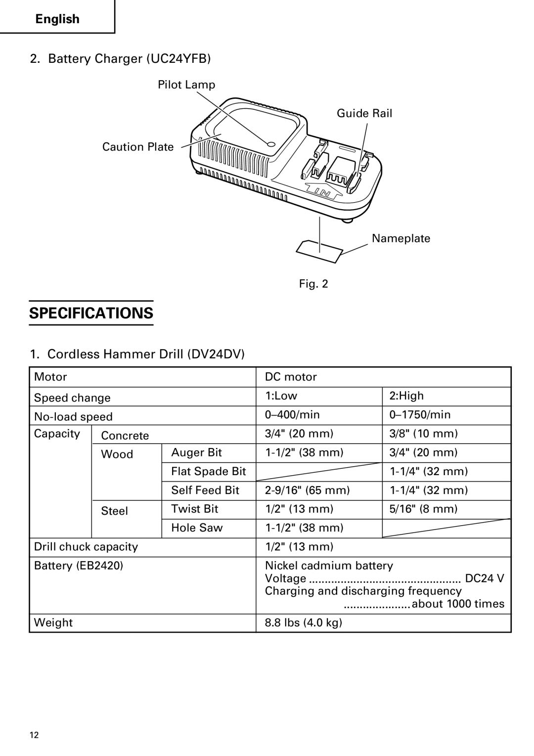 Hitachi DV 24DV instruction manual Specifications, Battery Charger UC24YFB 