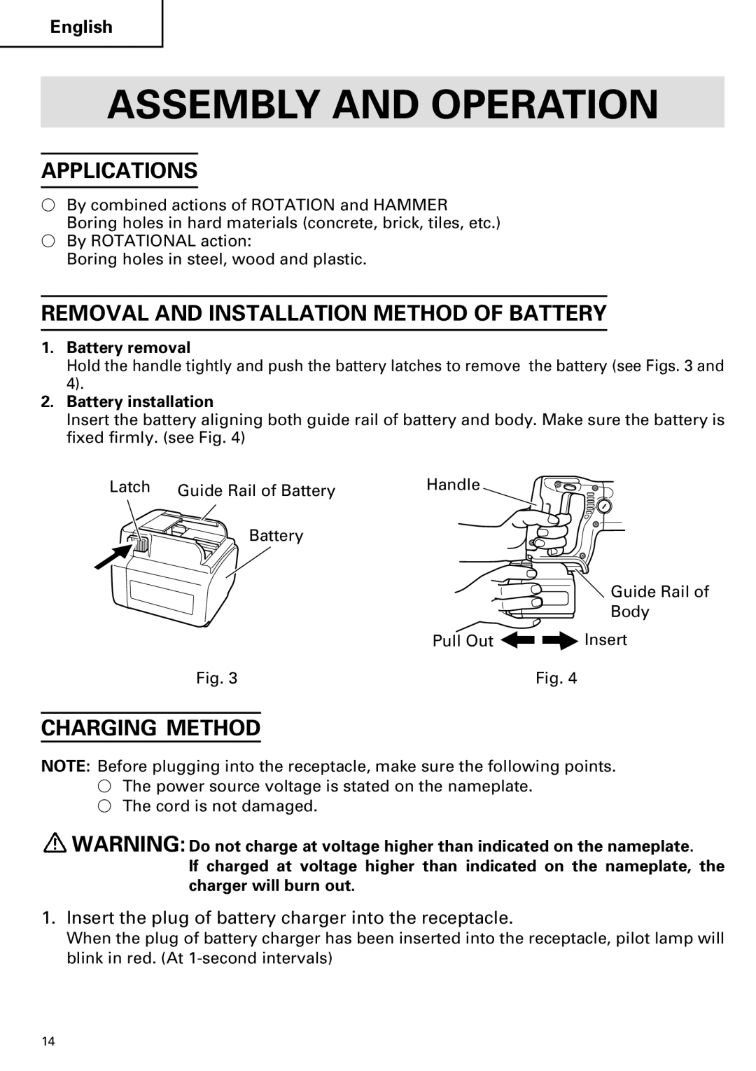 Hitachi DV 24DV Assembly and Operation, Applications, Removal and Installation Method of Battery, Charging Method 