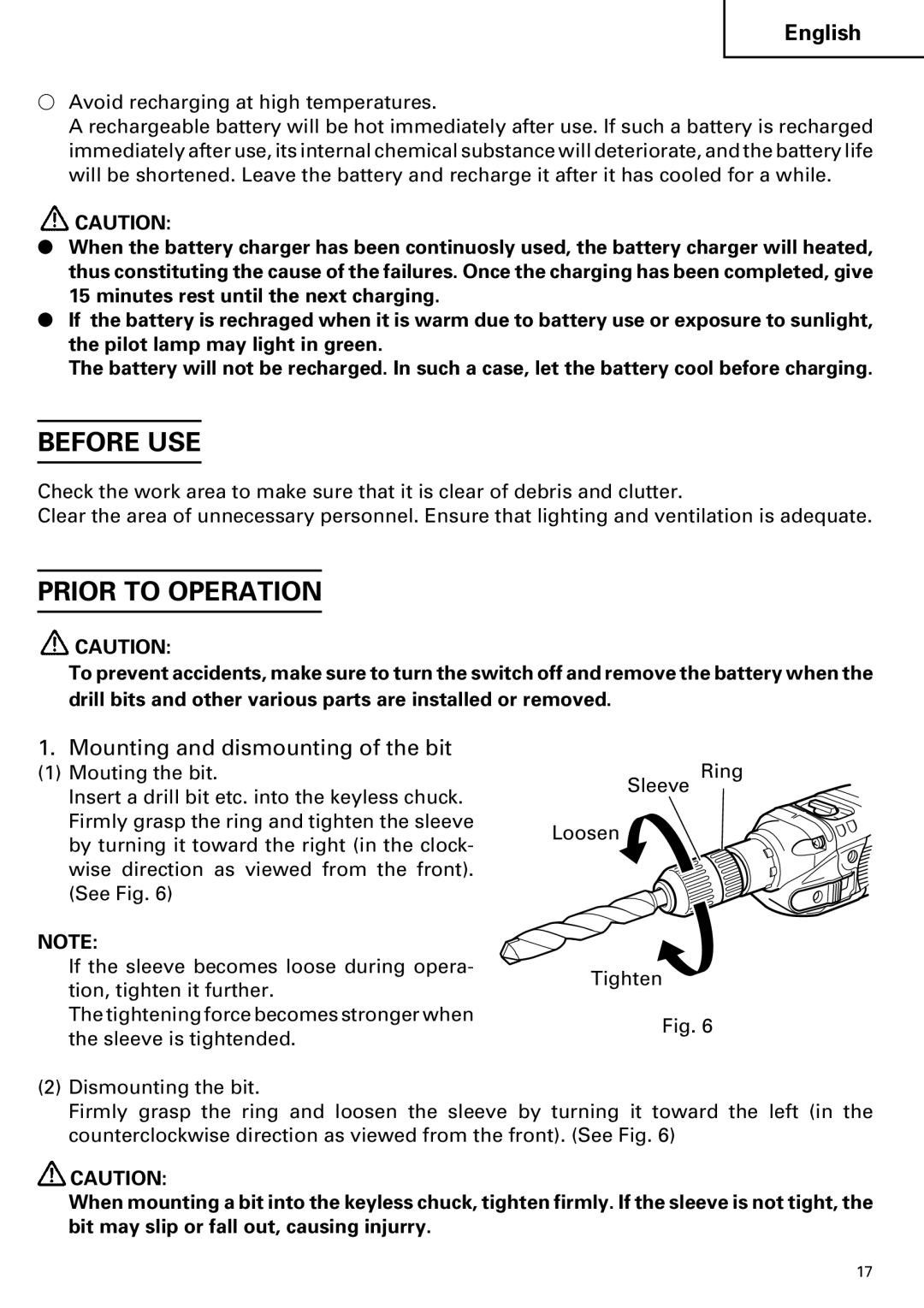 Hitachi DV 24DV instruction manual Before USE, Prior to Operation, Mounting and dismounting of the bit 