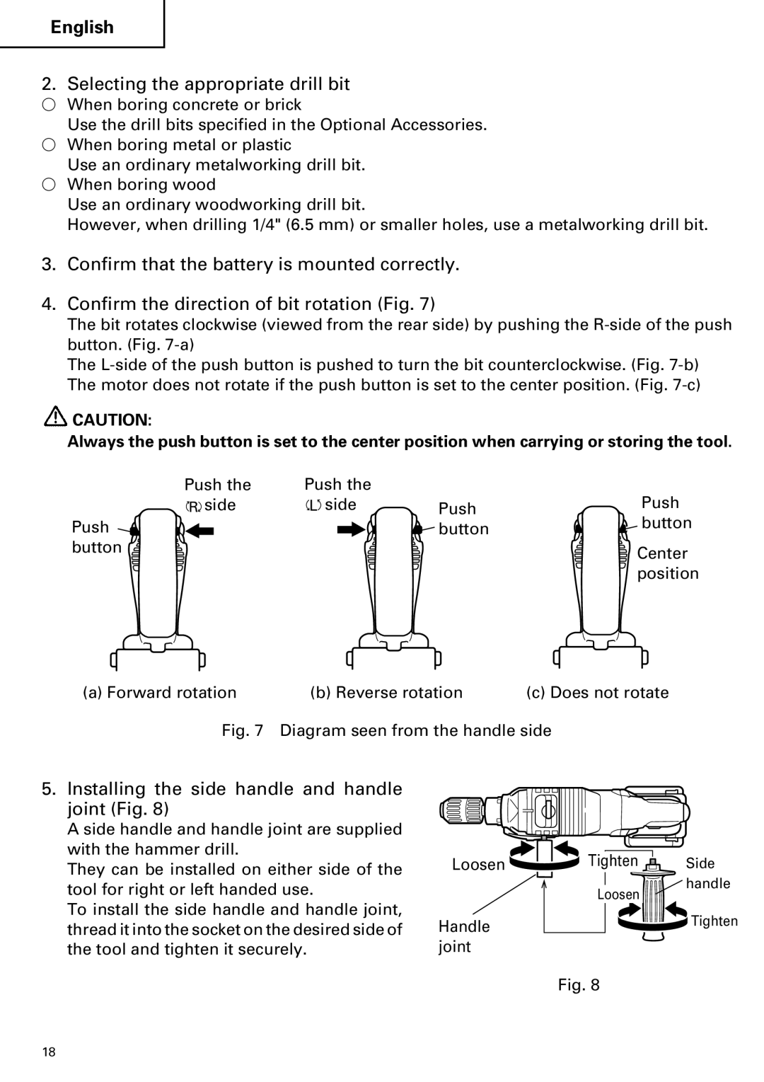 Hitachi DV 24DV instruction manual Selecting the appropriate drill bit, Installing the side handle and handle joint Fig 