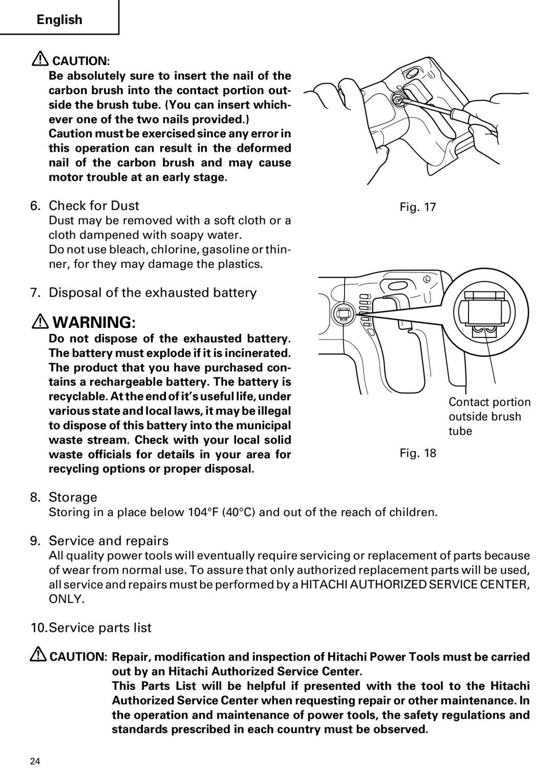 Hitachi DV 24DV Check for Dust, Disposal of the exhausted battery, Storage, Service and repairs, Service parts list 