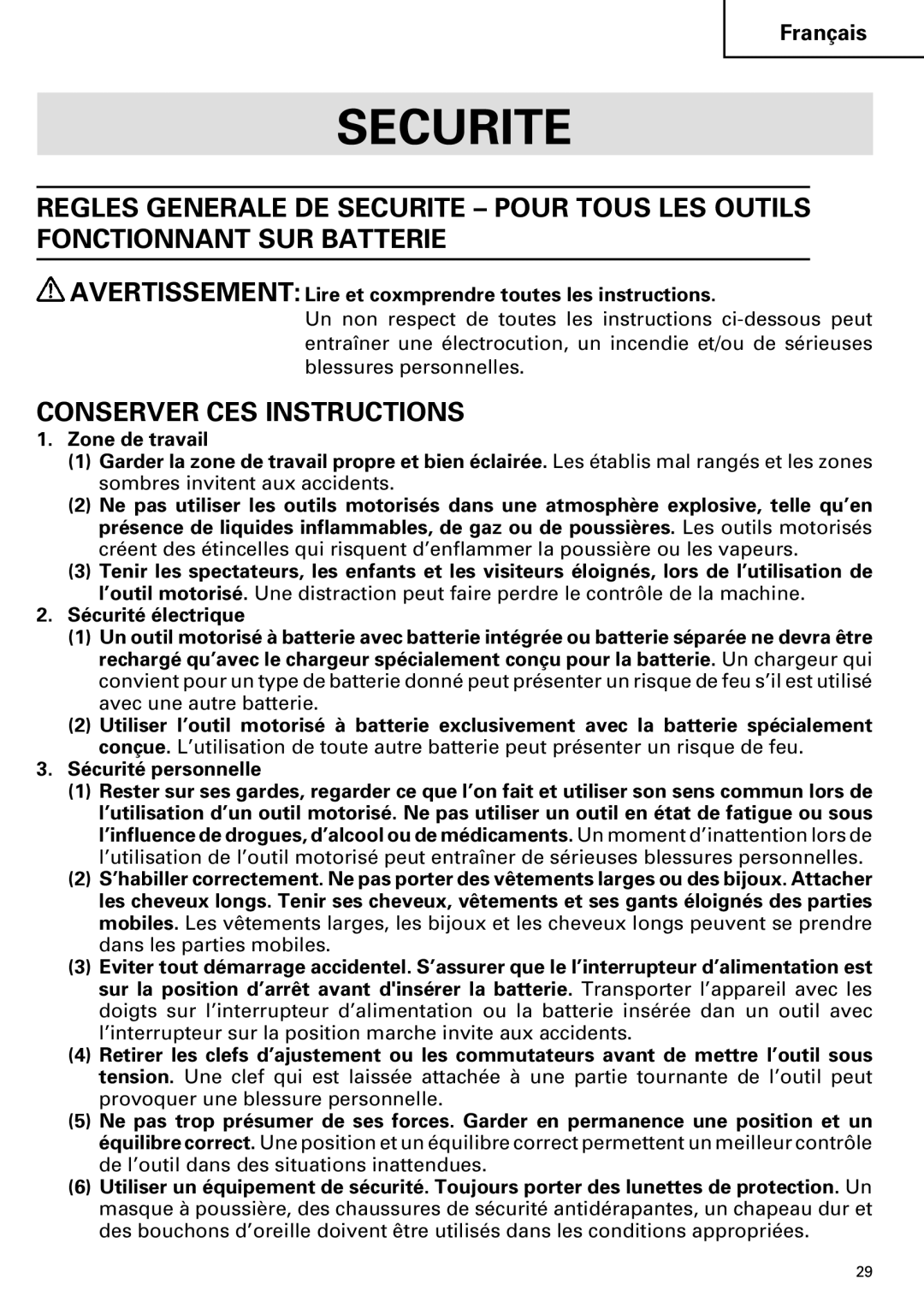 Hitachi DV 24DV Securite, Conserver CES Instructions, Avertissement Lire et coxmprendre toutes les instructions 